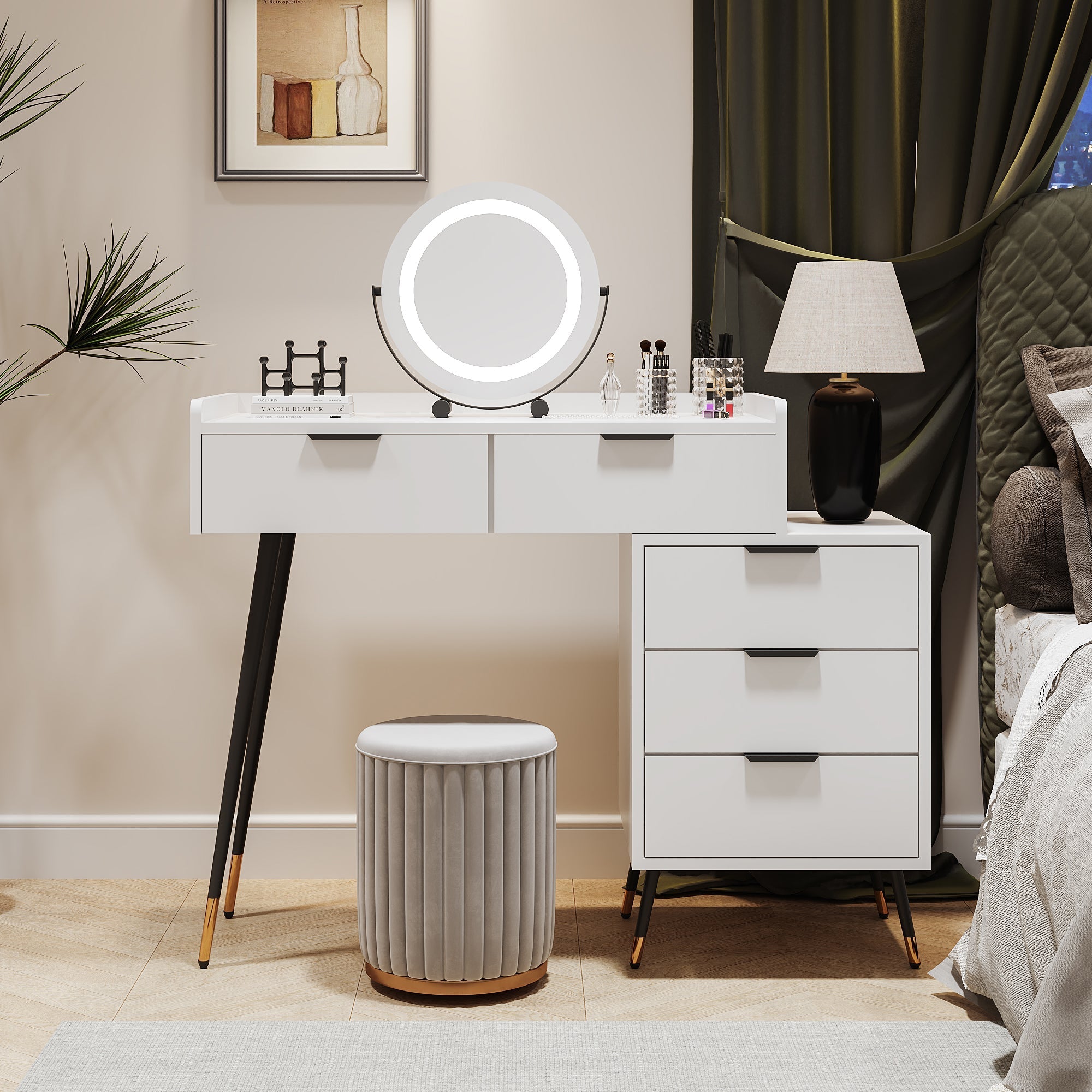 Dressing Table with Adjustable LED Mirror, 5 Drawers and Pull-out Side Cabinets, White Wood