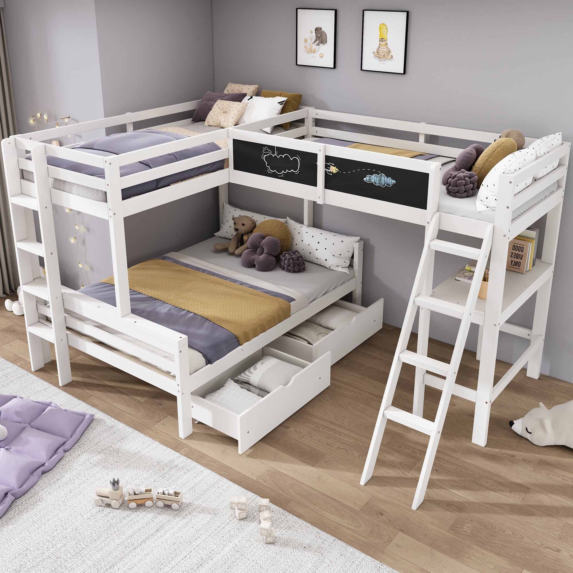 Children's Loft Bed with Desk, Shelf and Drawers, Sleeps Three, 90x200cm and 140x200cm, White Pine Wood