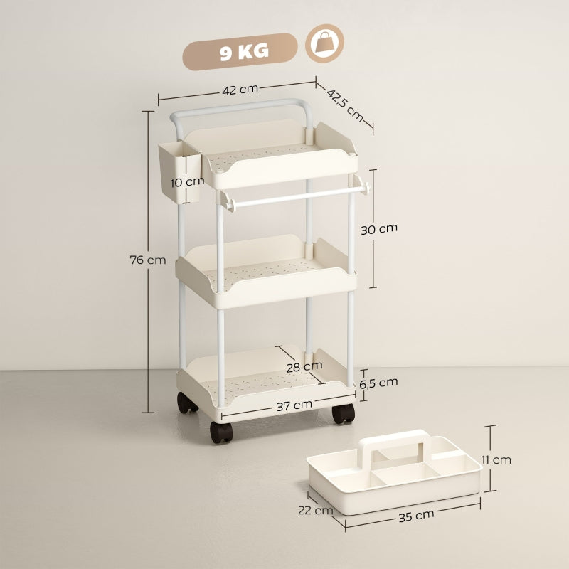 Storage Trolley 3 Baskets Towel Rack Wheels White