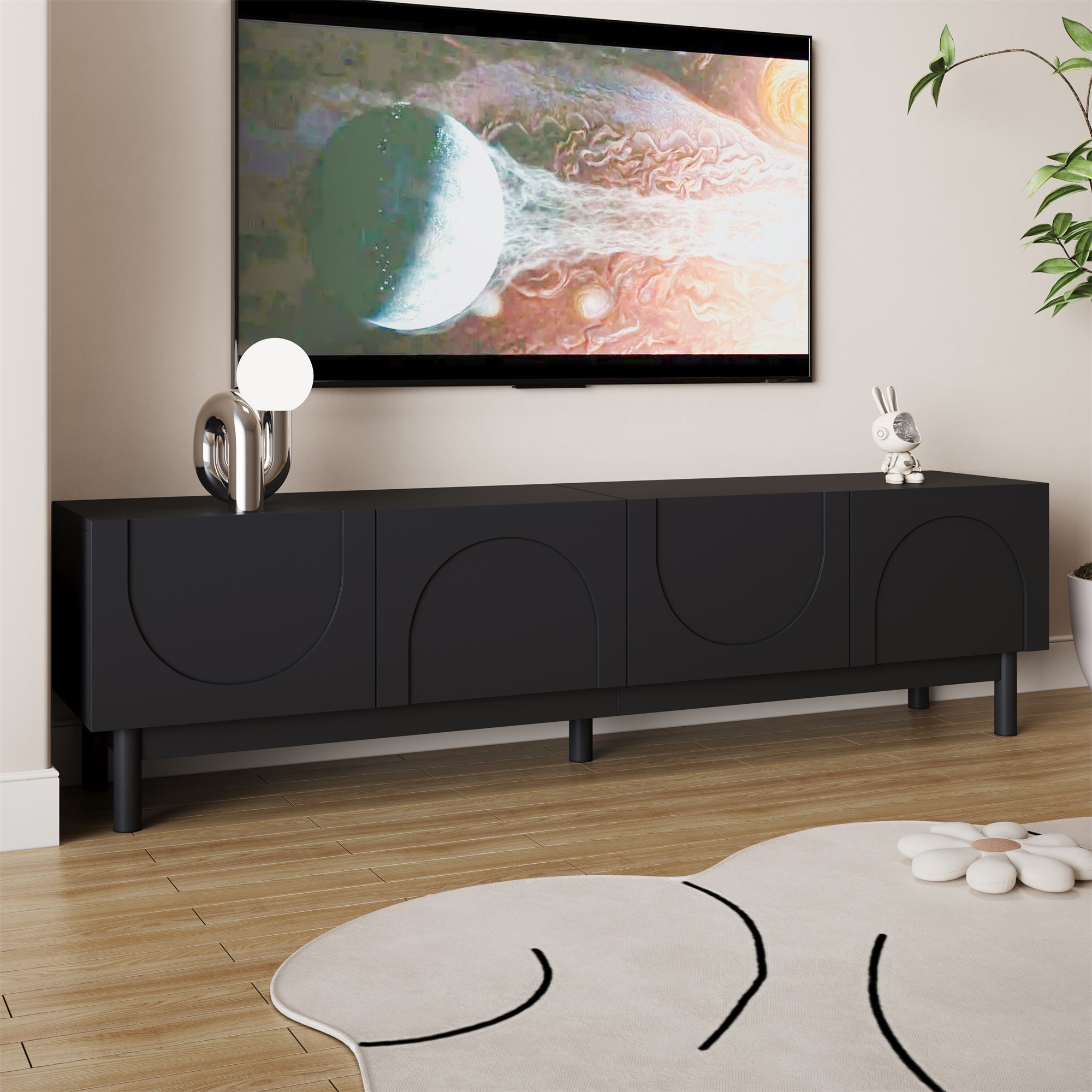 Lowboard TV Cabinet Curved Wave Doors Shelves Stand Legs