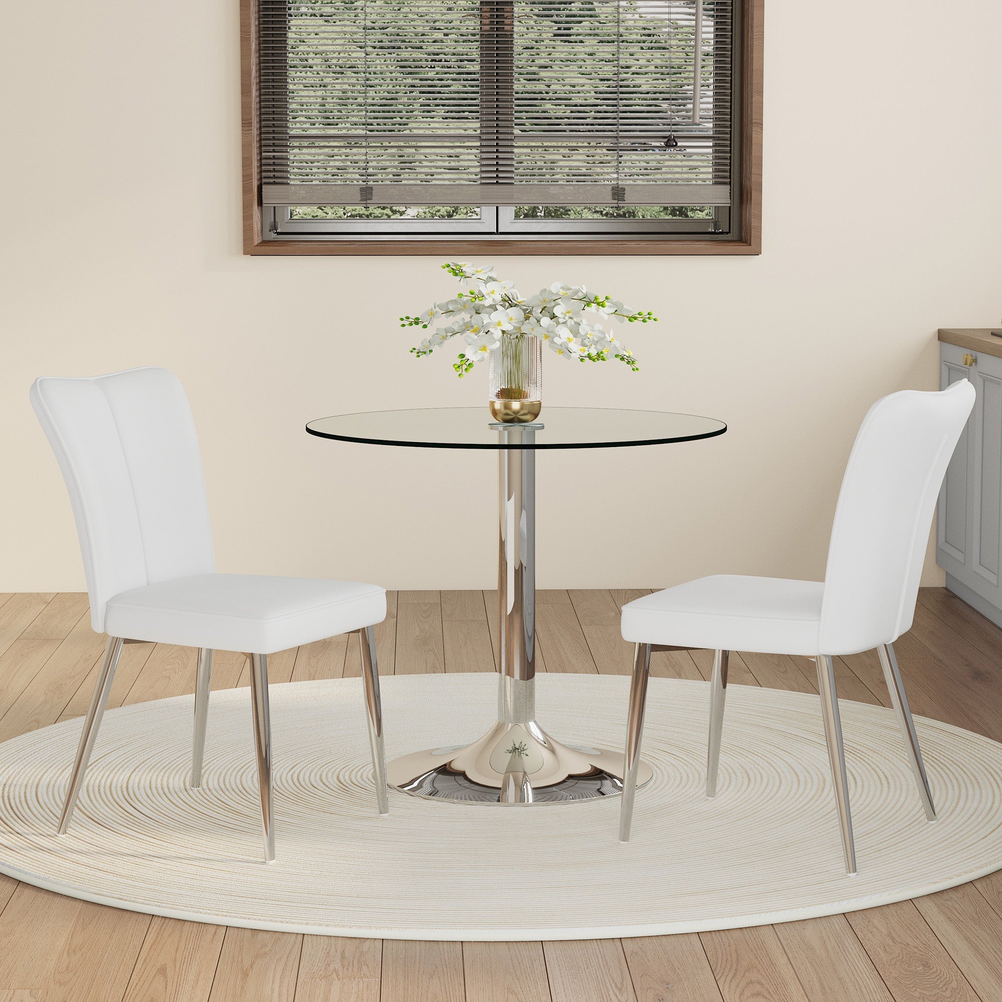 Modern Dining Set 85cm Tempered Glass Table with 2 PU Chairs - White