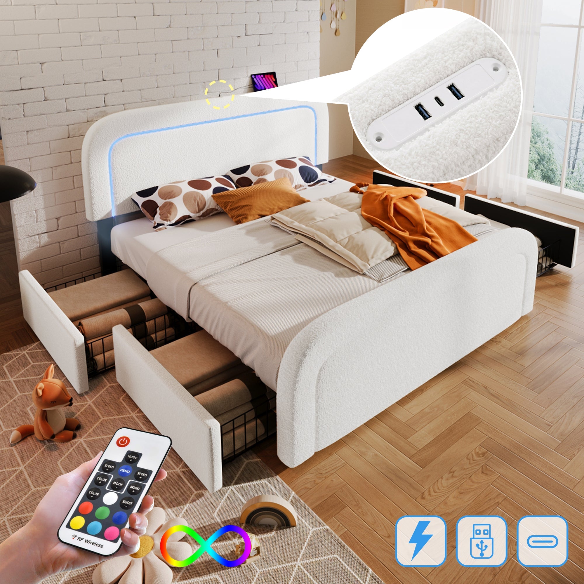 Upholstered Bed with USB Type C, LED Lighting and 4 Drawers, 160x200cm, Sherpa White with Mattress
