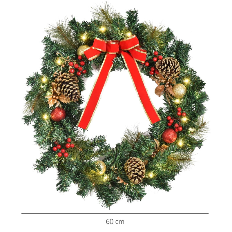 Christmas Door Wreath 60cm Pre-Lit LED Artificial Holly Decor