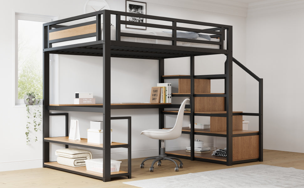 Metal Loft Bed with Desk, Shelves & Storage for Kids