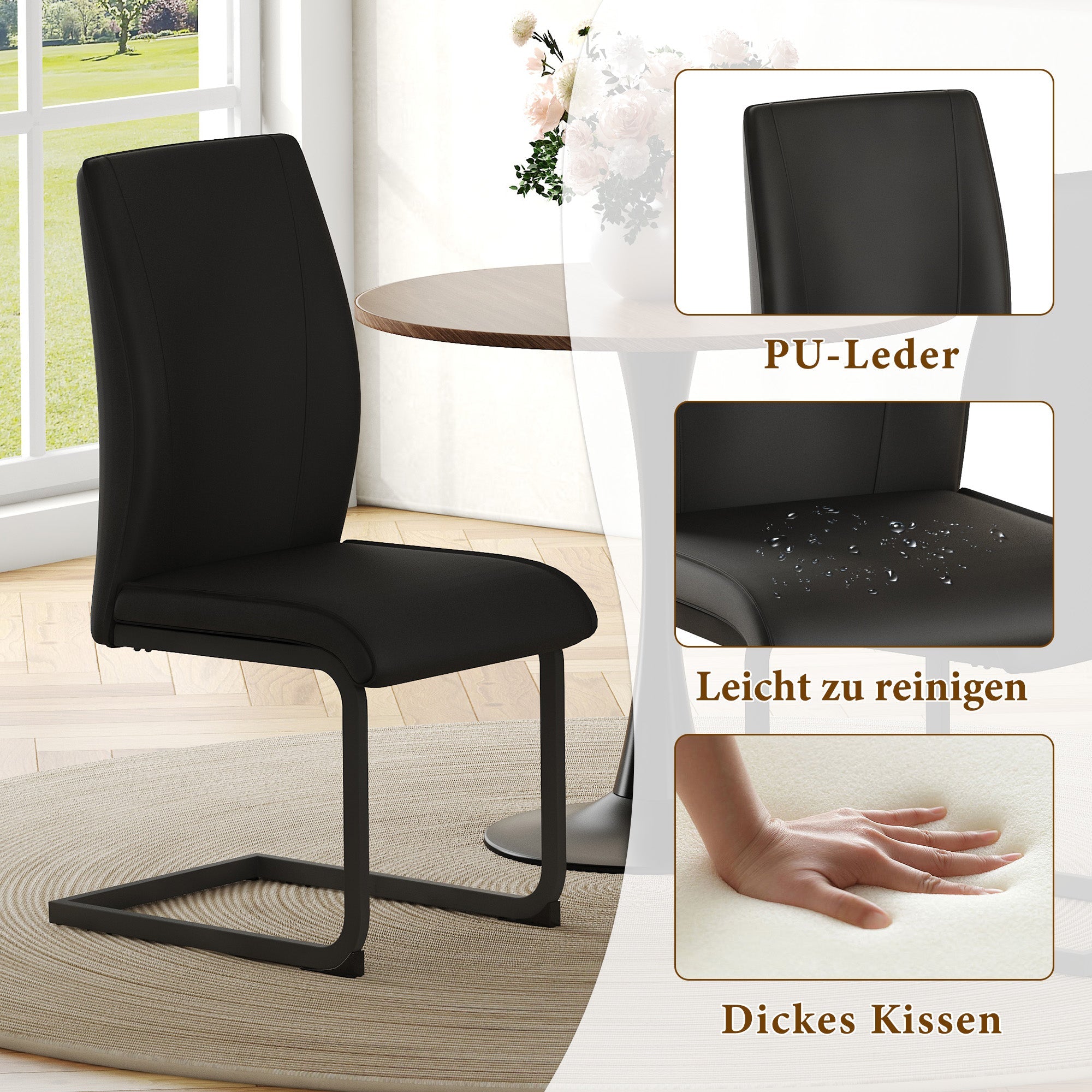 2-Piece Dining Chair Set Ergonomic Metal Legs - Black PU