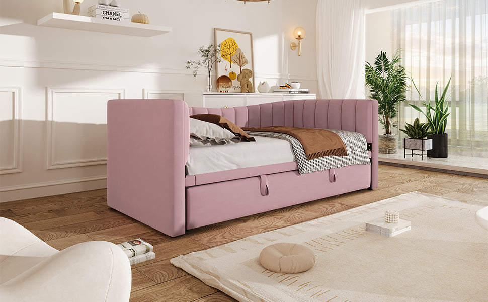 Daybed Upholstered Pull-out Bed 90/180x200cm - Velvet Pink