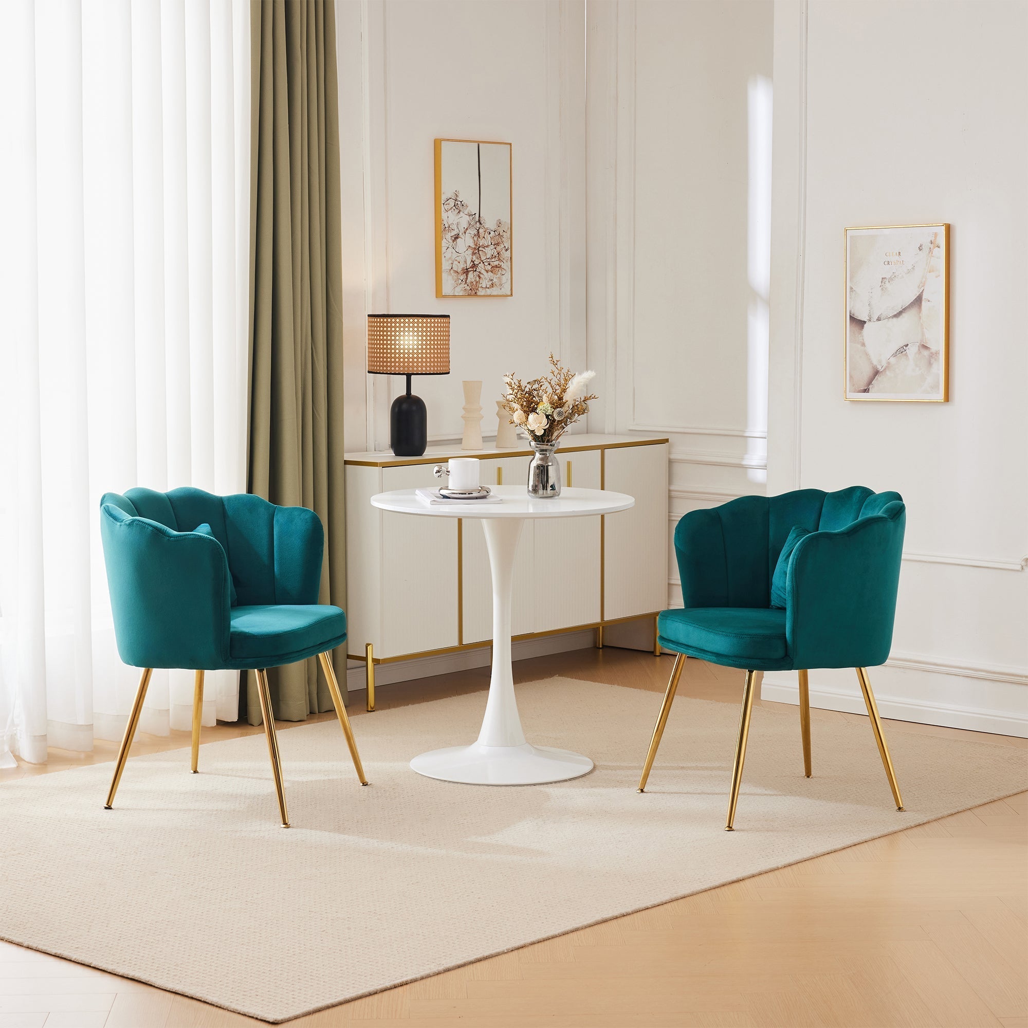 Velvet Chairs, Set of 2 Modern Upholstered with Petal Back & Butterfly Cushion, Gold Metal Legs