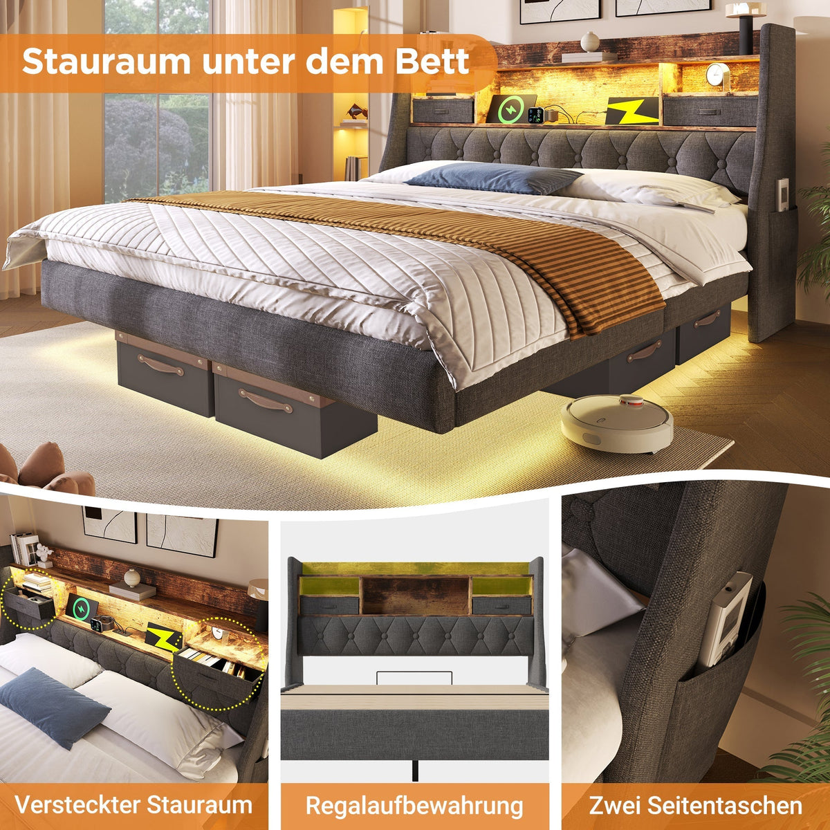 Upholstered Bed 180x200 Floating LED Charging Station Storage Headboard, Linen Grey