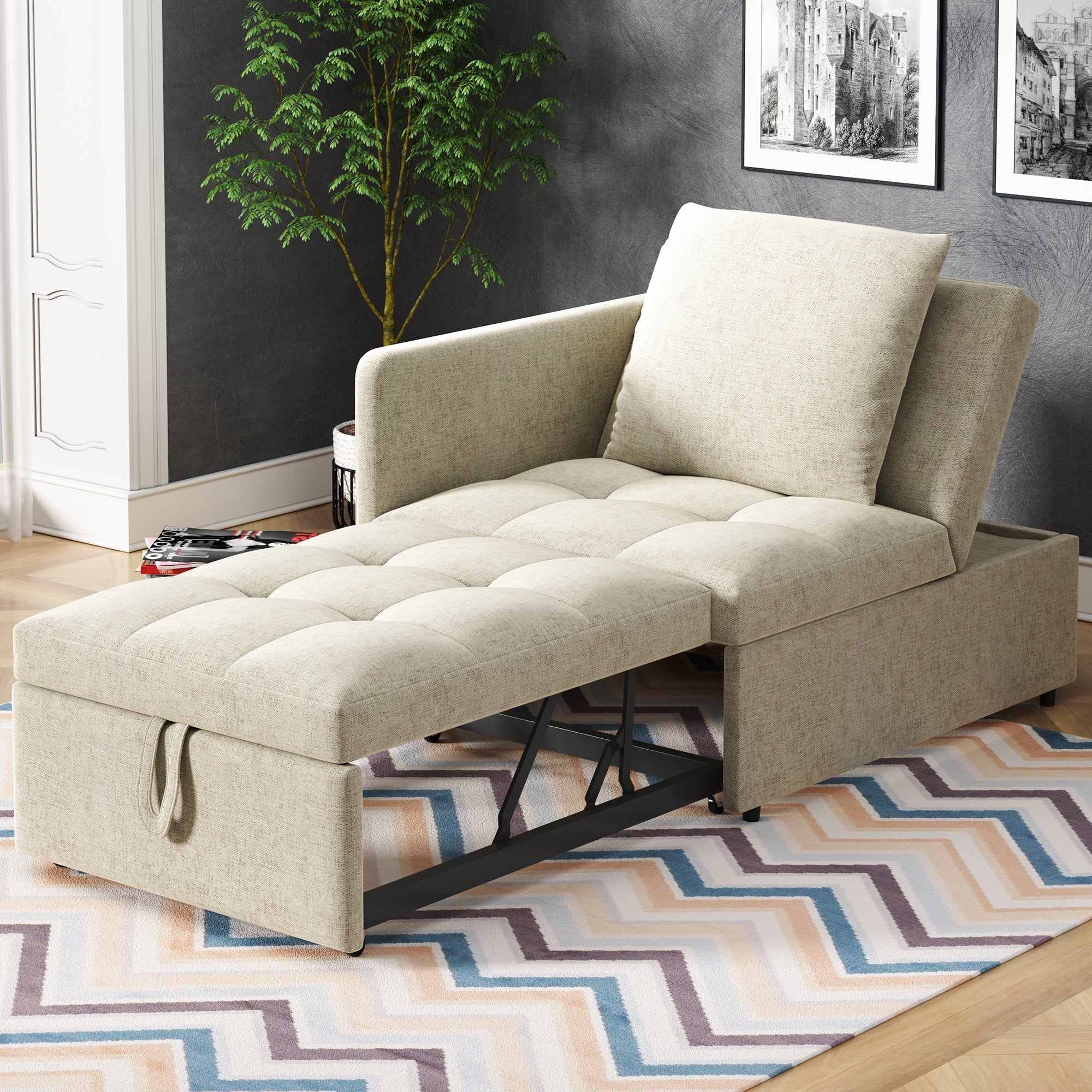 3-in-1 Multifunctional Sofa Bed, Space-Saving Sleeper with Linen Fabric, Grey/Beige