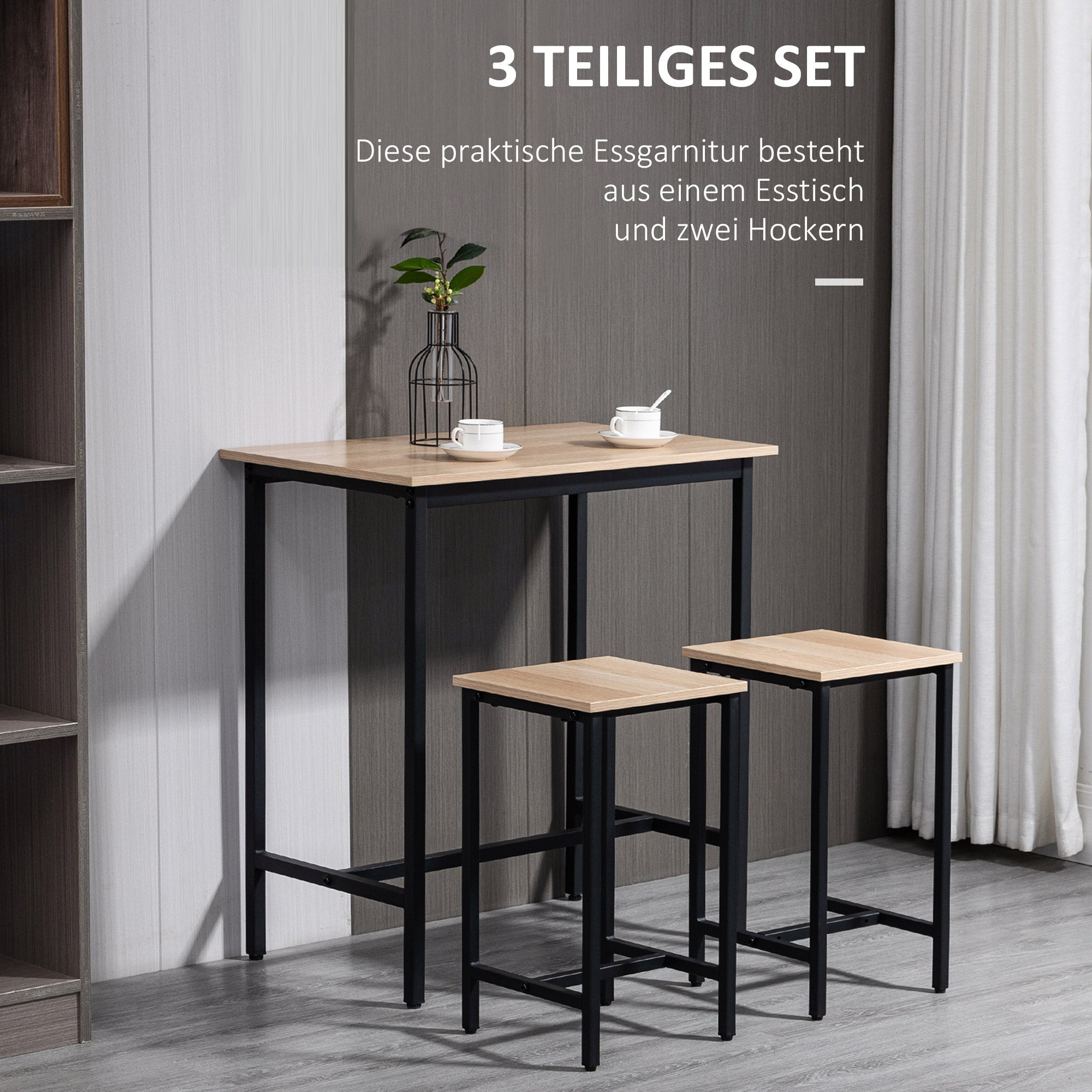 3-Piece Dining Set, Balcony & Garden, Natural Wood Look & Black