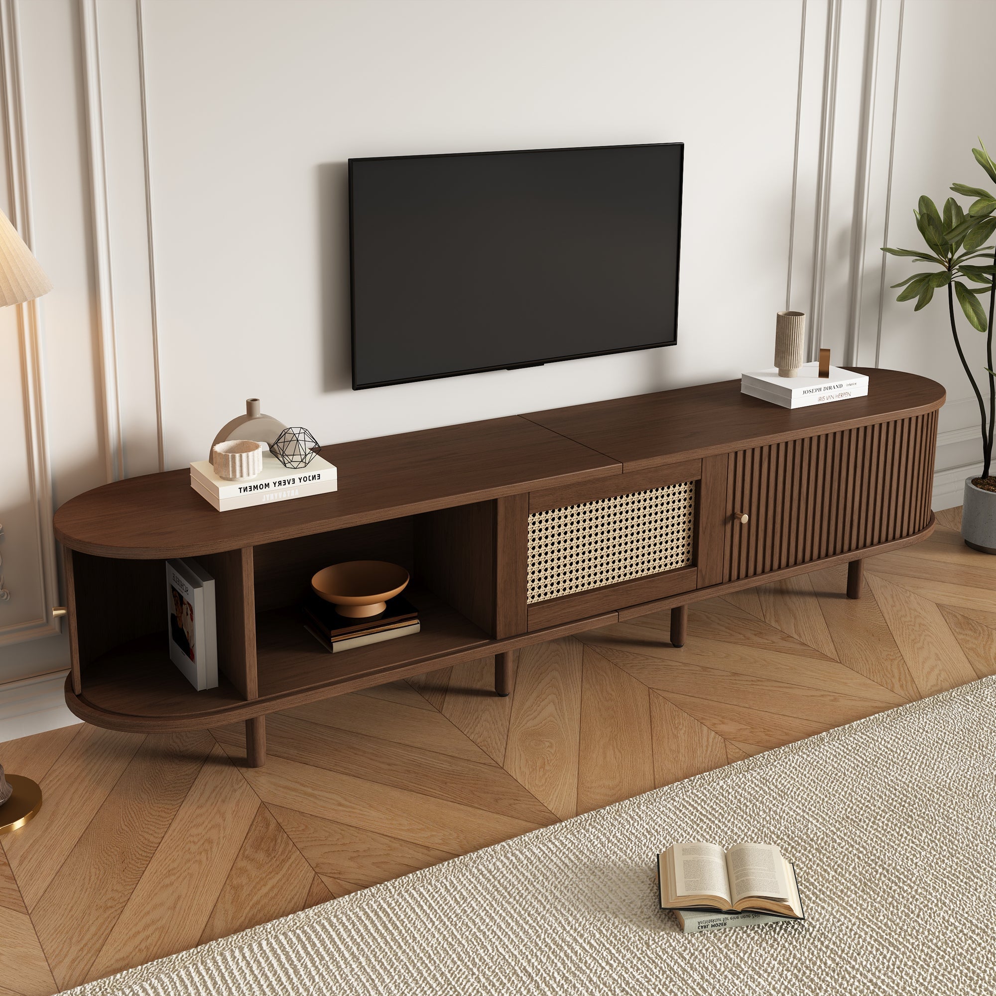 TV Stand with 1 Rattan Drawer, 2 Sliding Doors, Oval for 70 Inch TV, Dark Oak MDF