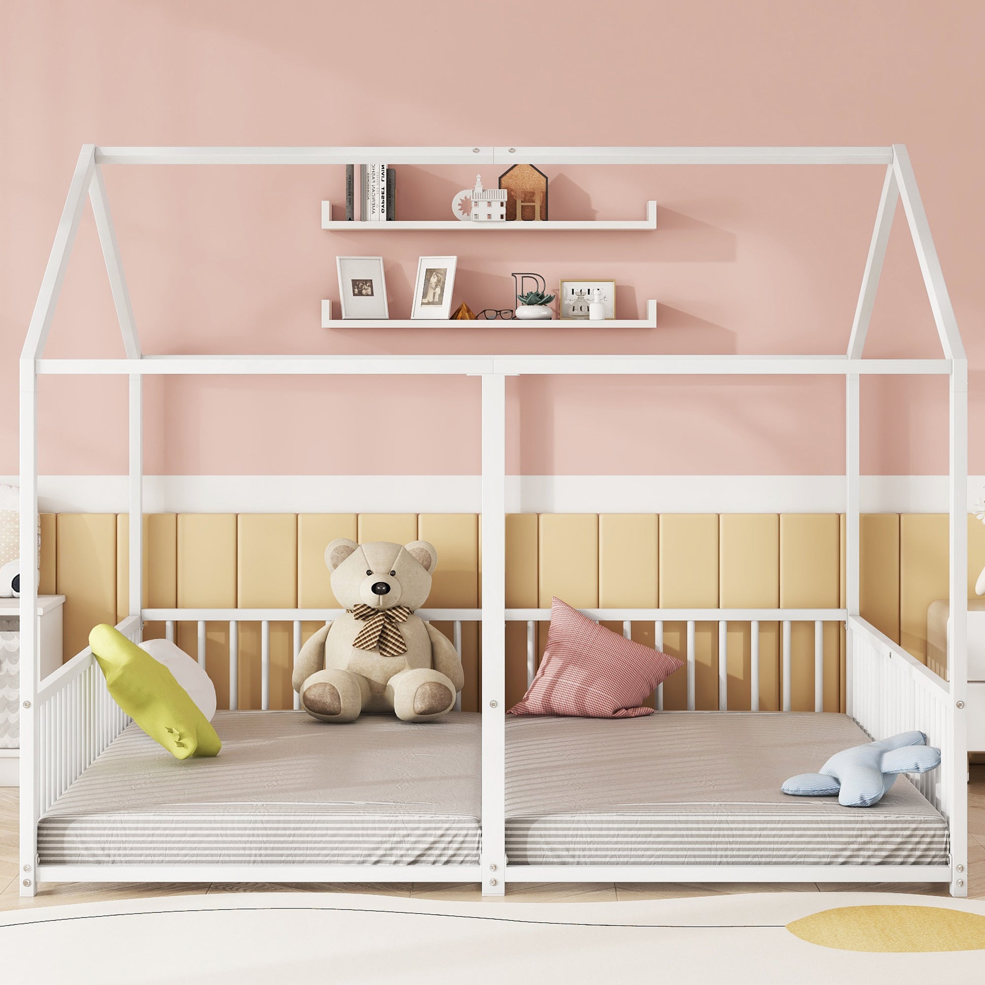 Metal Children's Bed 90x200cm House Design Railing Ladder - White