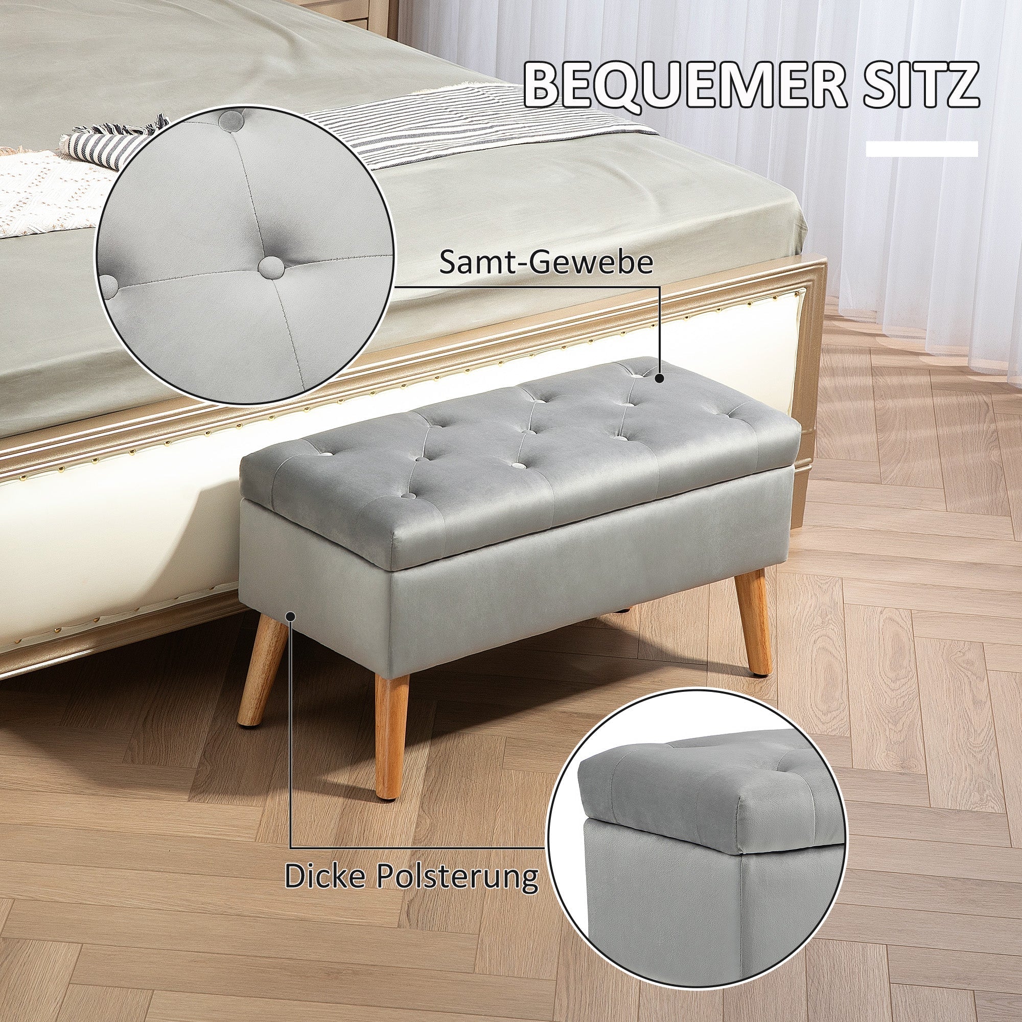 Storage Bench, Upholstered Velvet Look Bed Bench with Lid, Rubberwood Grey