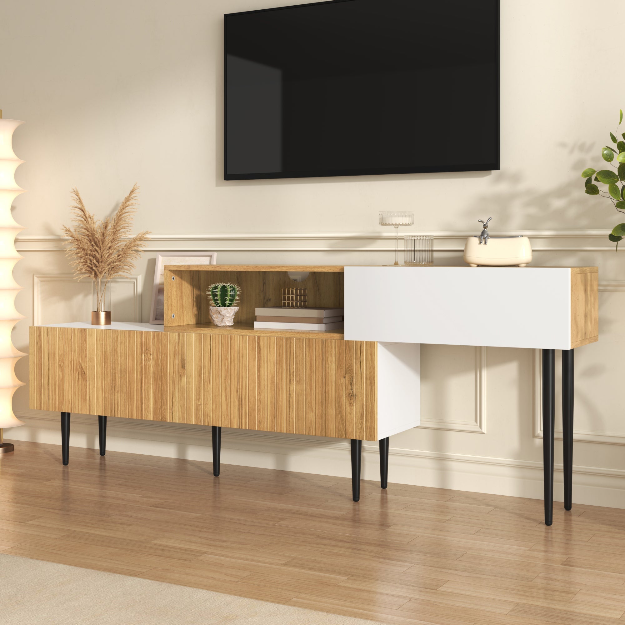 Modern TV Cabinet, adjustable length, modular 2-piece, wood look + matt white, black metal legs