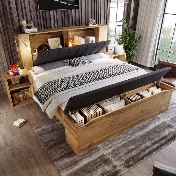 Double Bed 180x200cm with Fold-Down Headboard, Storage, Nightstands, Bed Bench and USB Lamps, Oak Color