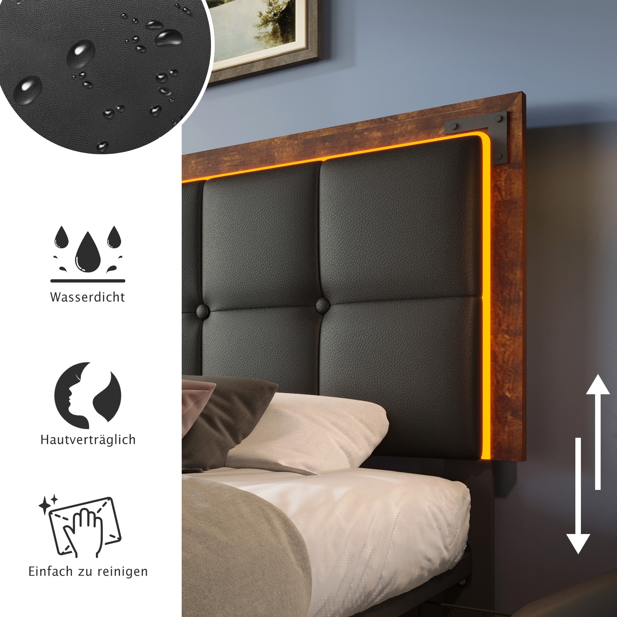 Bed Frame, LED, 4 Drawers, Adjustable Headboard, Single 90x200cm, PU Black