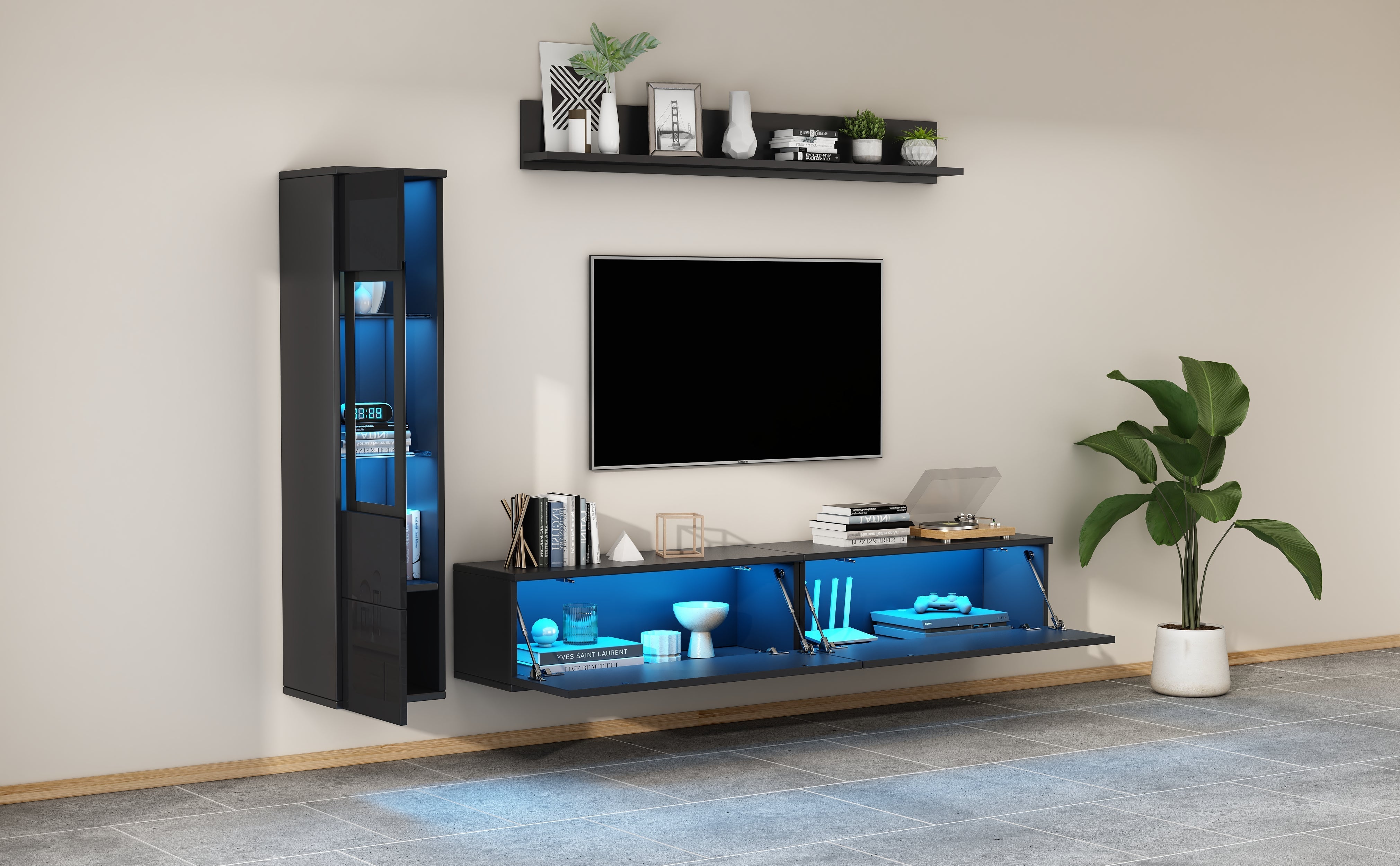 3-Piece TV Wall Unit Set High-Gloss LED Display Cabinet & Shelf Black