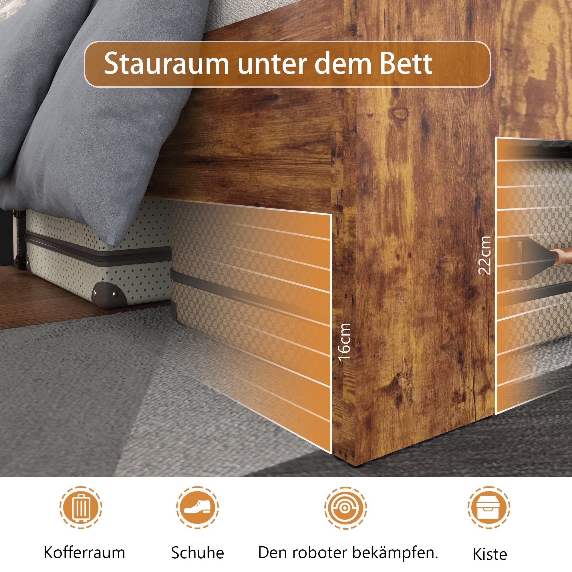 Wooden Double Bed 160x200cm Antique Frame High Headboard, Wood/Iron