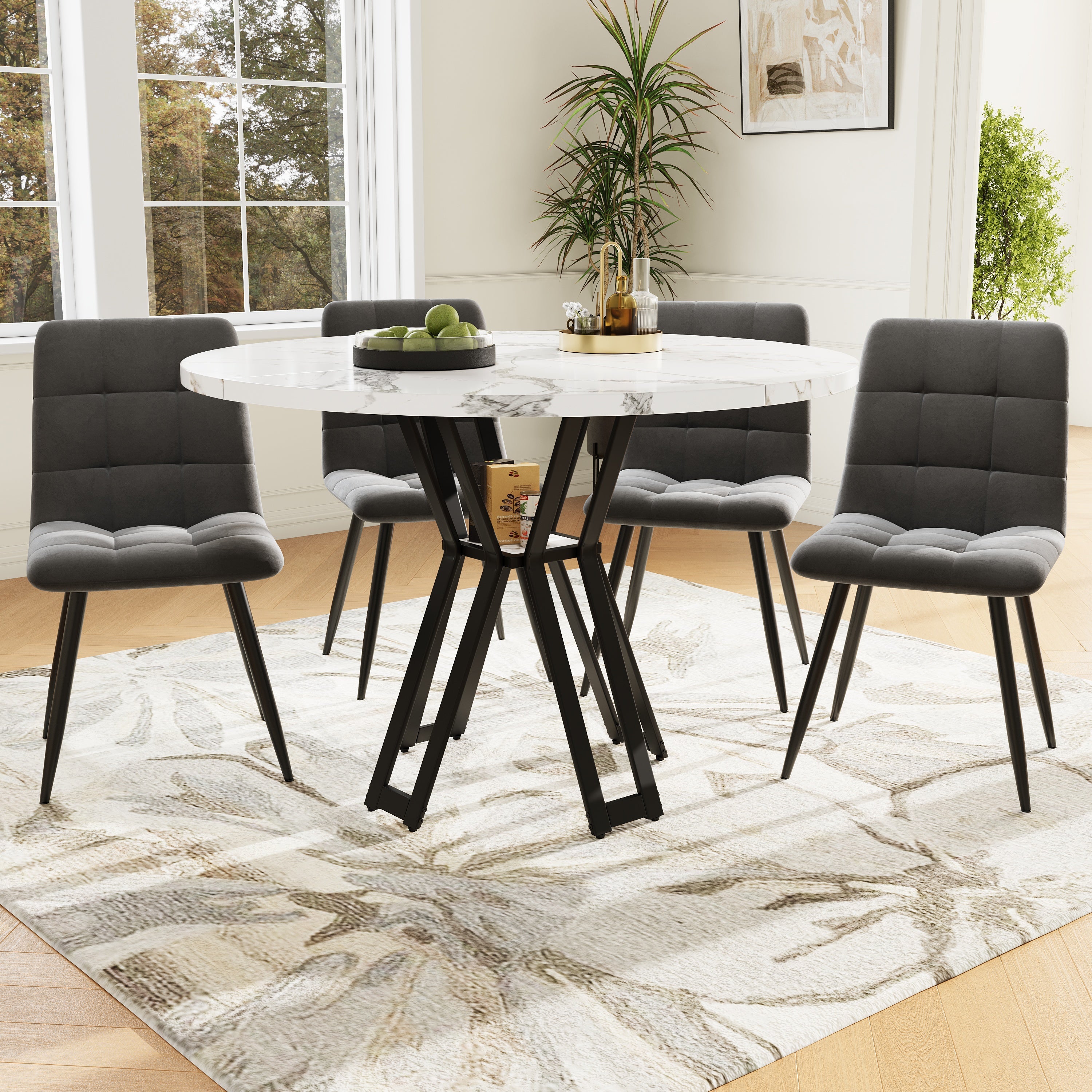 Dining Set 5-Piece Round 100cm Marble Top 4 Velvet Chairs - White/Grey/Black