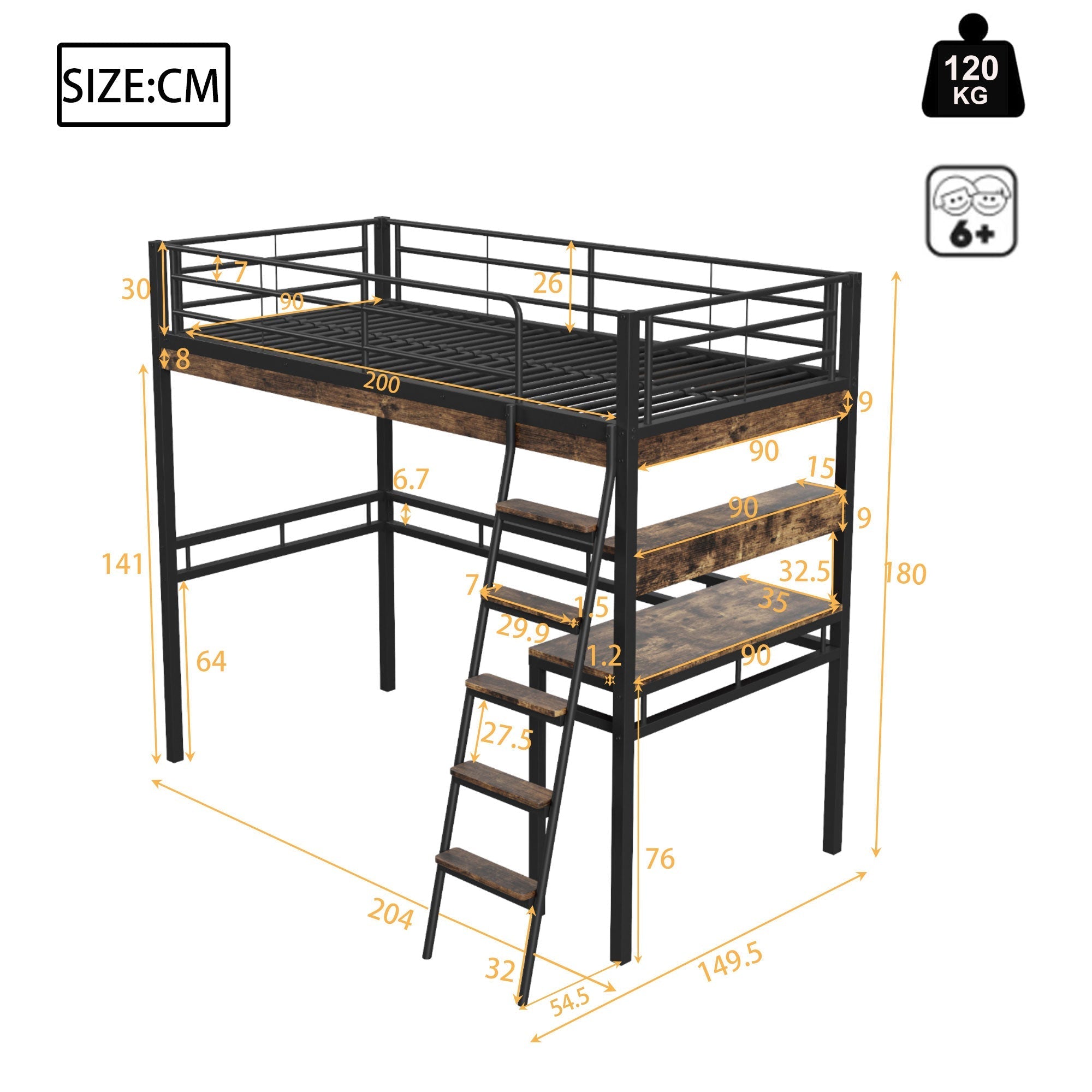 Loft Bed 90x200cm with Desk Shelves Ladder - Black Iron