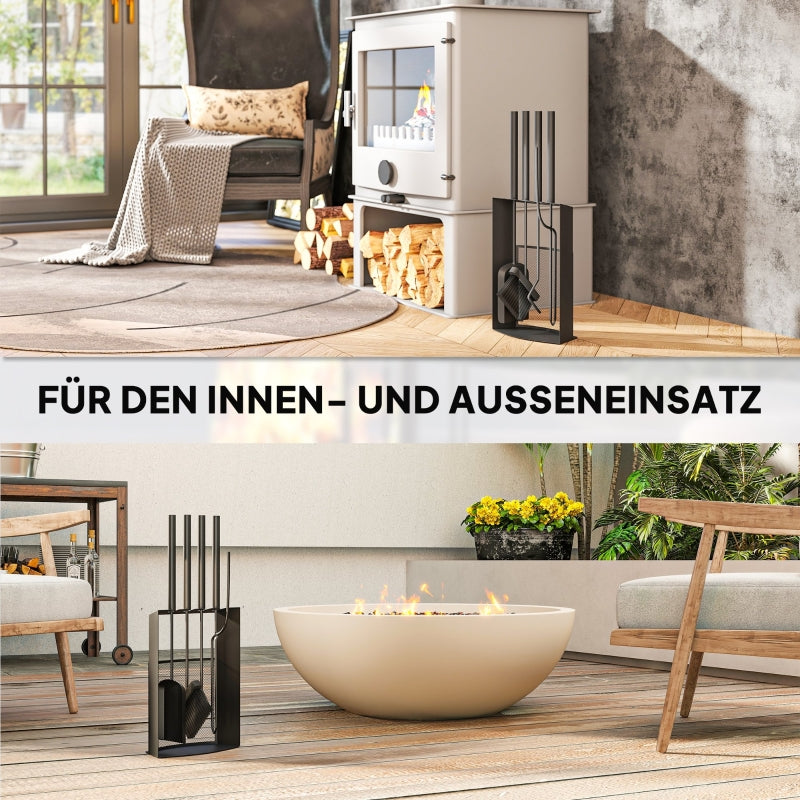 Fireplace Tool Set 5-Piece with Stand - Black Metal