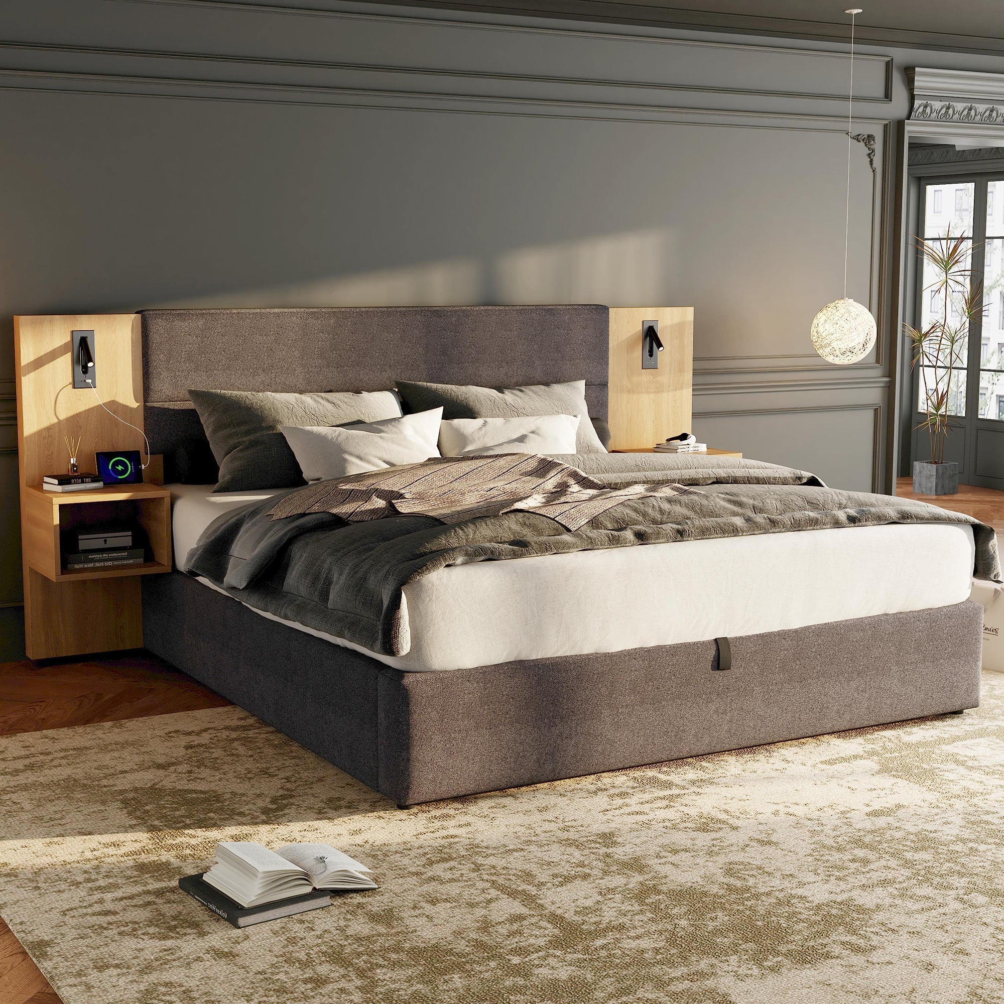Upholstered Bed 180x200cm Hydraulic Storage USB LED 2 Bedside Tables - Velvet Grey/Natural