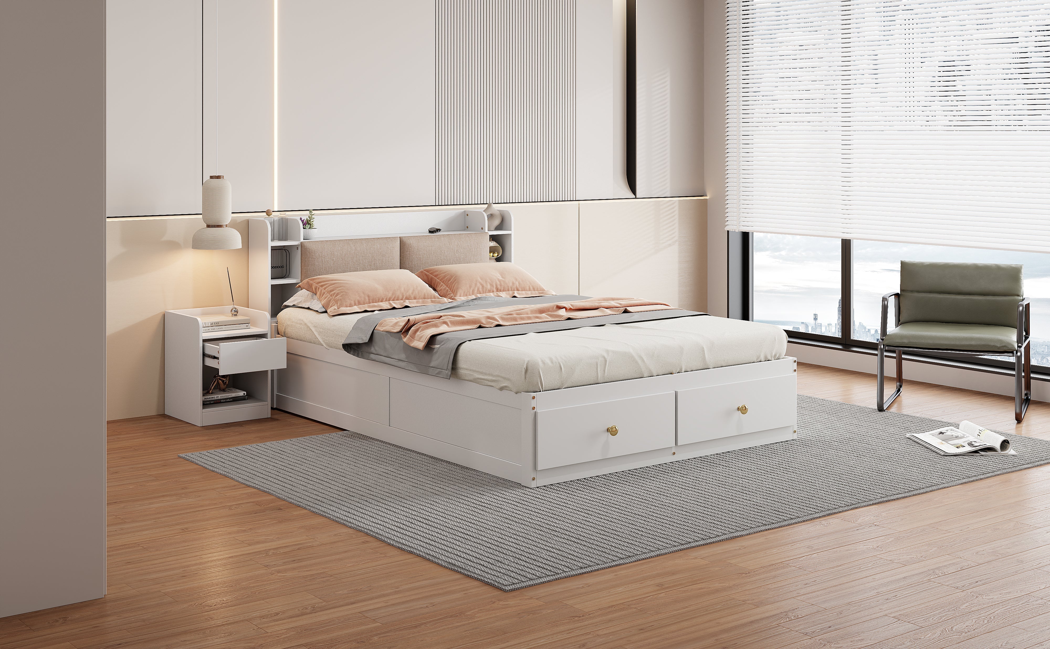 Combo Bed 140*200cm, Storage Headboard with Drawers & Sofa Bench, Solid Wood White