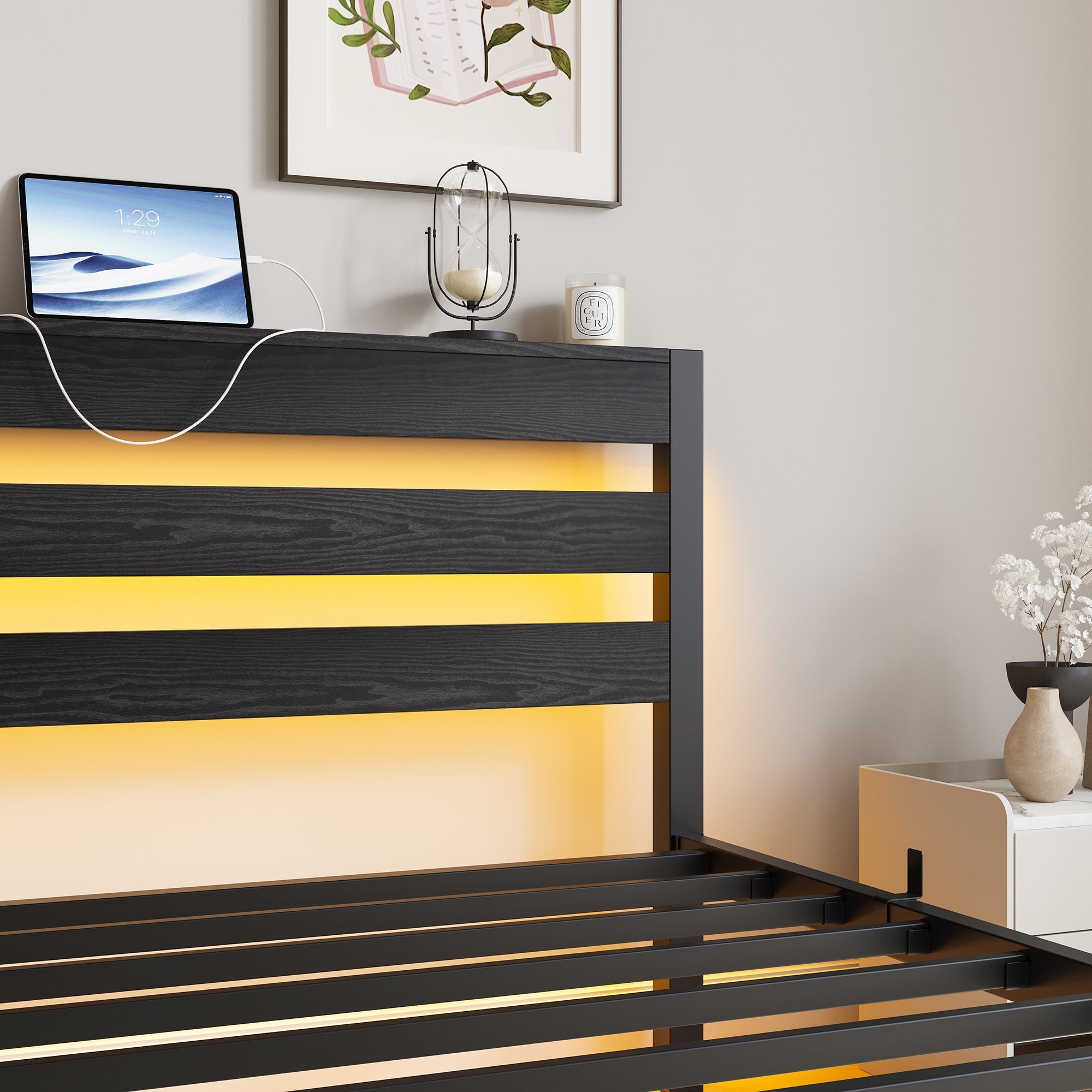 Metal Bed Frame 90x200 with LED Light USB Charging & Under-Bed Storage