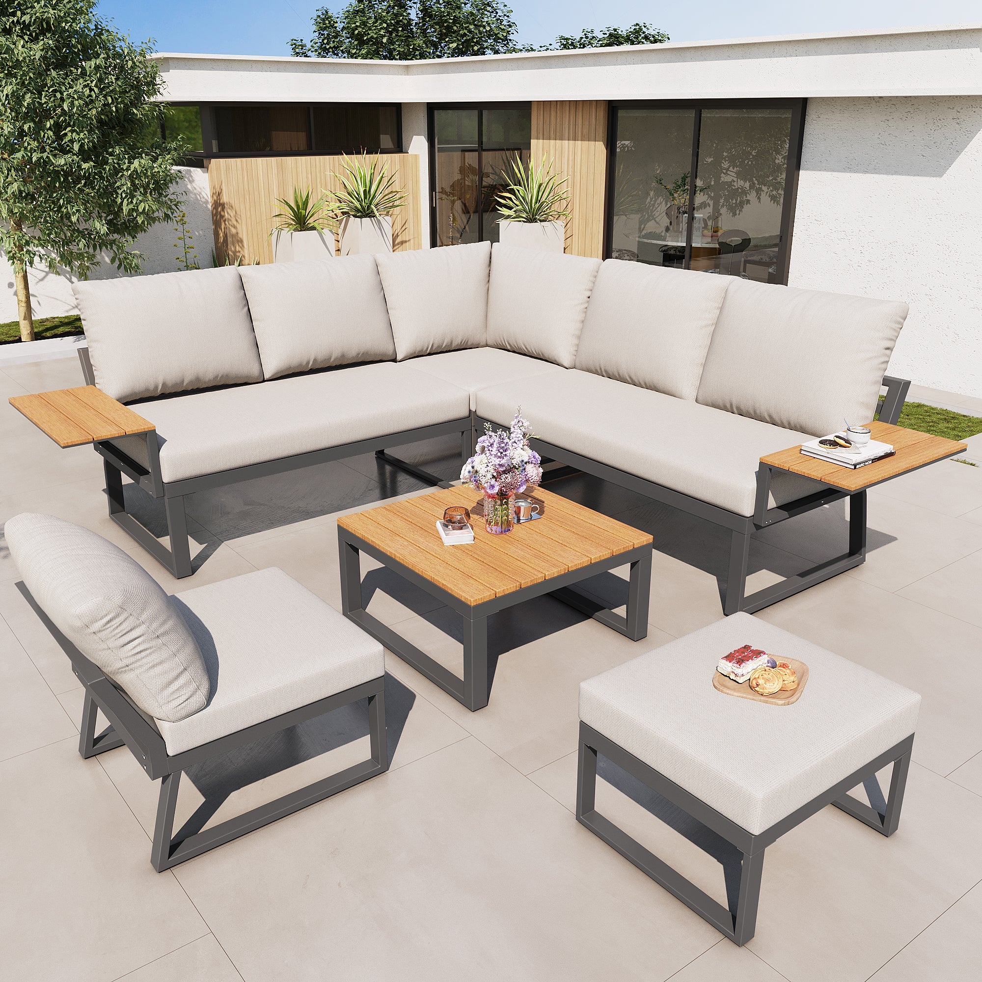 L-shaped Garden Sofa Set 7-Seater Lounger with Table Armchair Stool - Grey/Beige