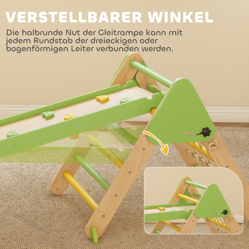 8-in-1 Montessori Climbing Frame Triangle Arch Slide - Wooden Green