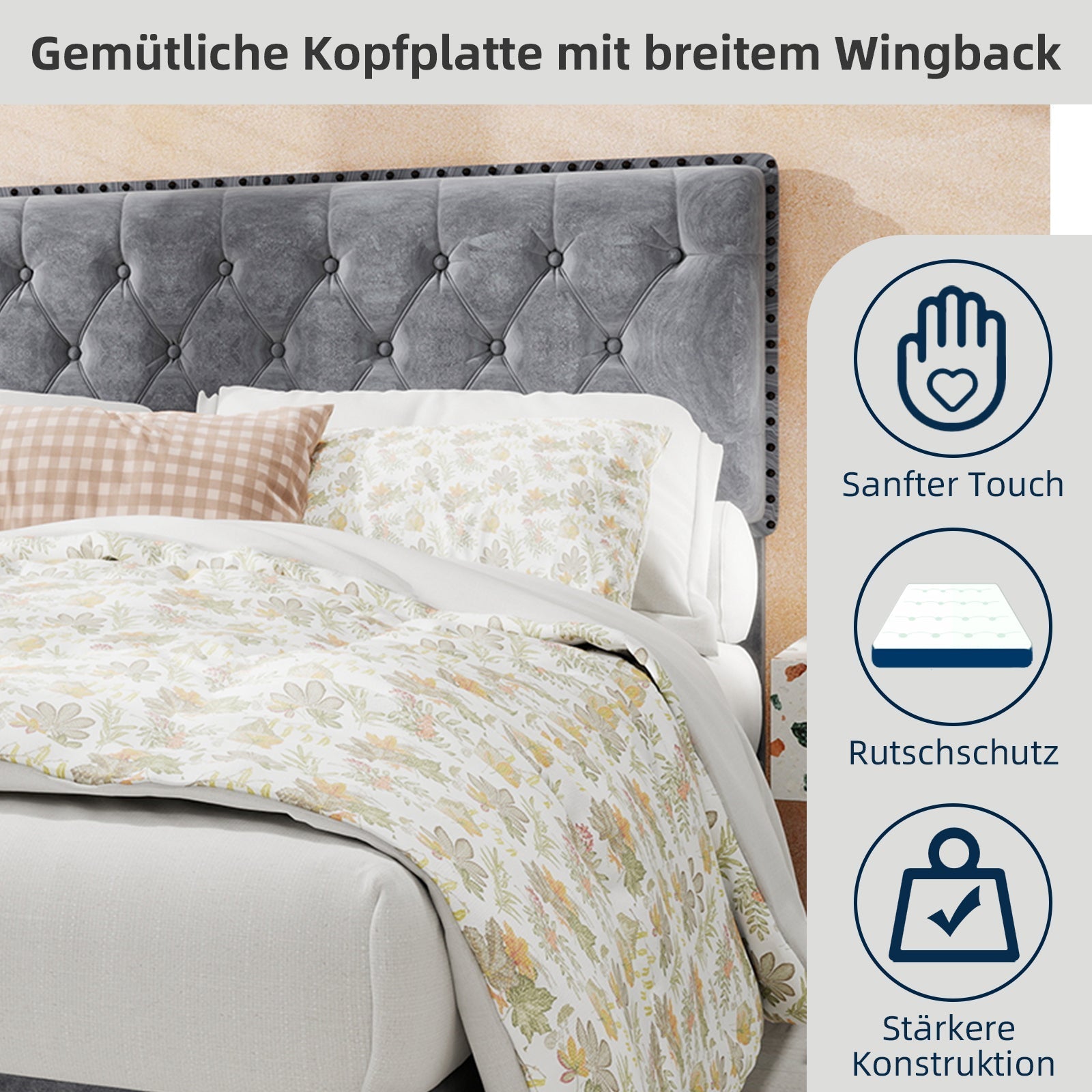 Modern Minimalist Soft Bed, Comfortable Headboard, High Box, 140x200CM, Gray