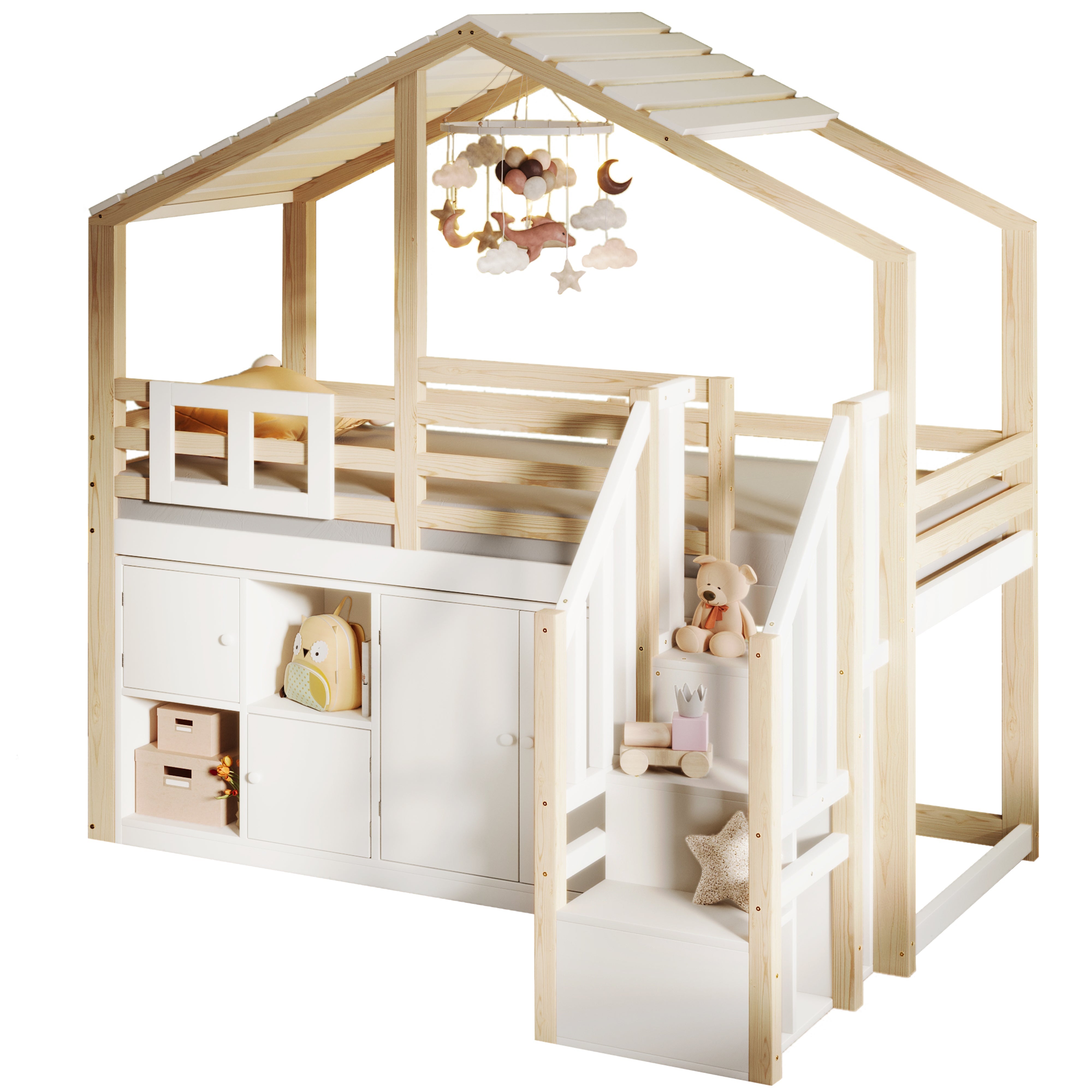 Loft Bed 90x200cm House Design Storage Ladder Lockers - White/Natural
