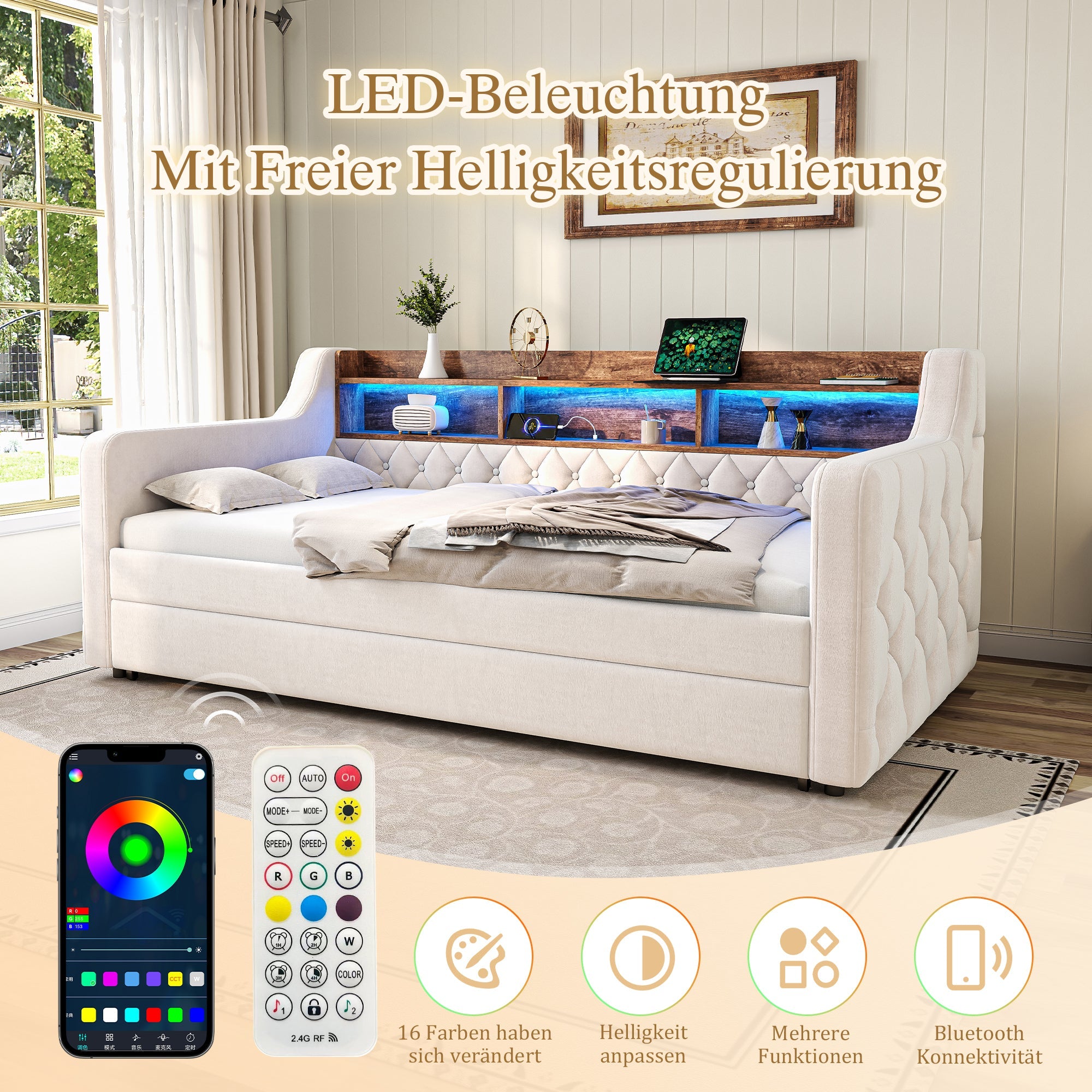 Sofa Bed 90x190cm Storage LED USB-C - Beige Velvet