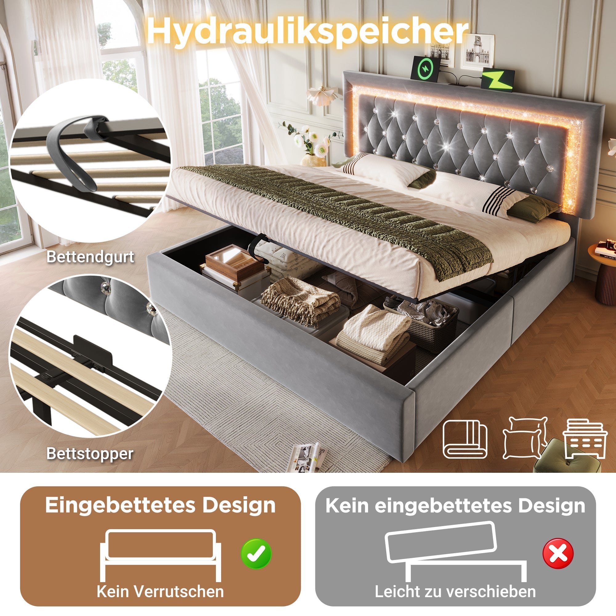 Upholstered Double Bed 140x200cm Hydraulic Storage LED Headboard USB/Type-C Velvet Grey