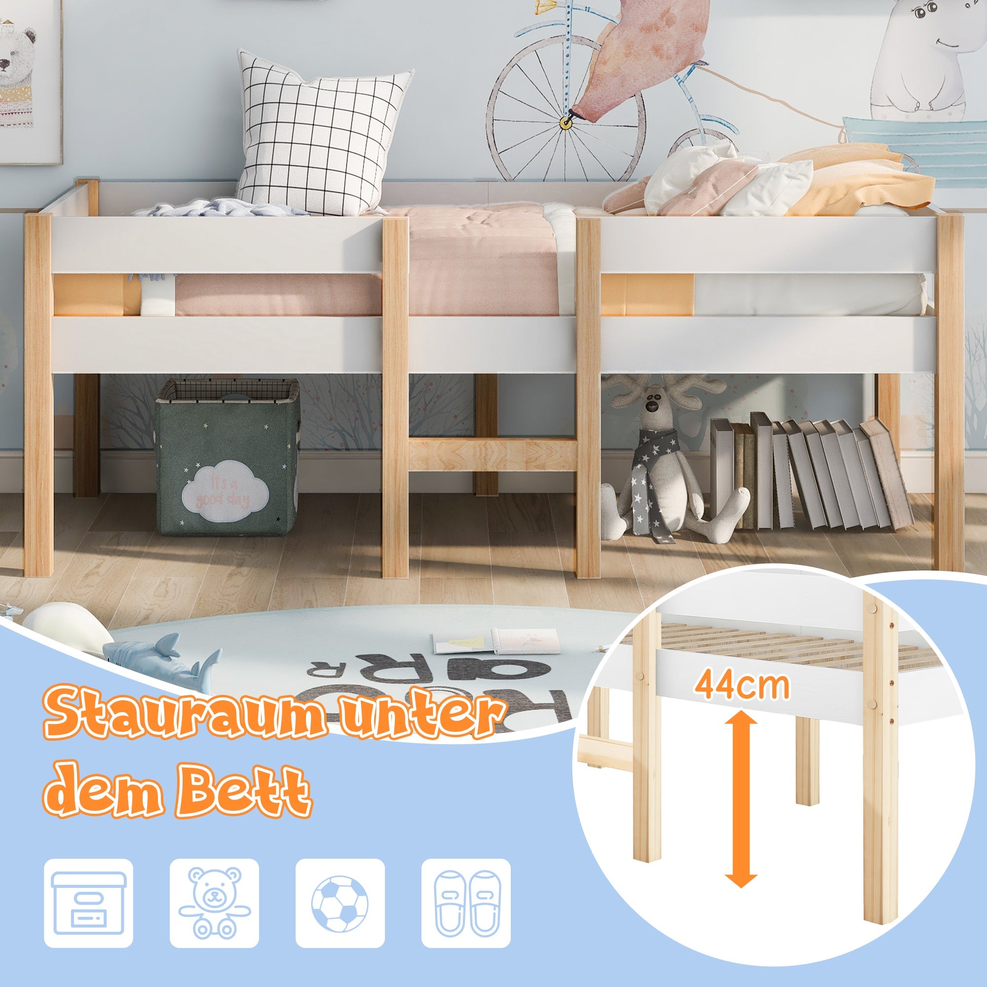Children's bed with fall protection, 90x190 cm, solid pine wood, white & oak