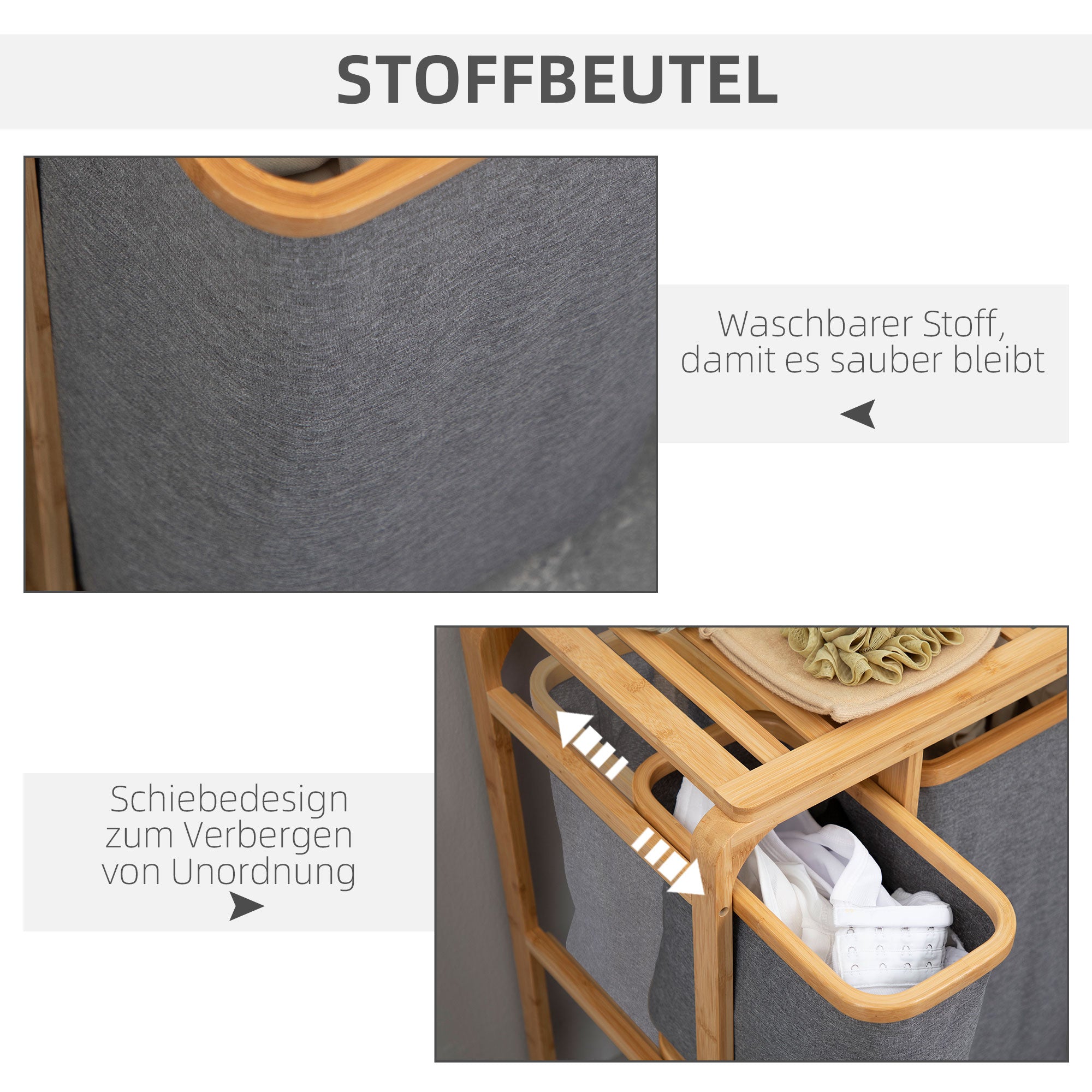 Wäschekorb, Wäschewagen mit 3 herausnehmbaren Säcken, Grau+Naturbambus