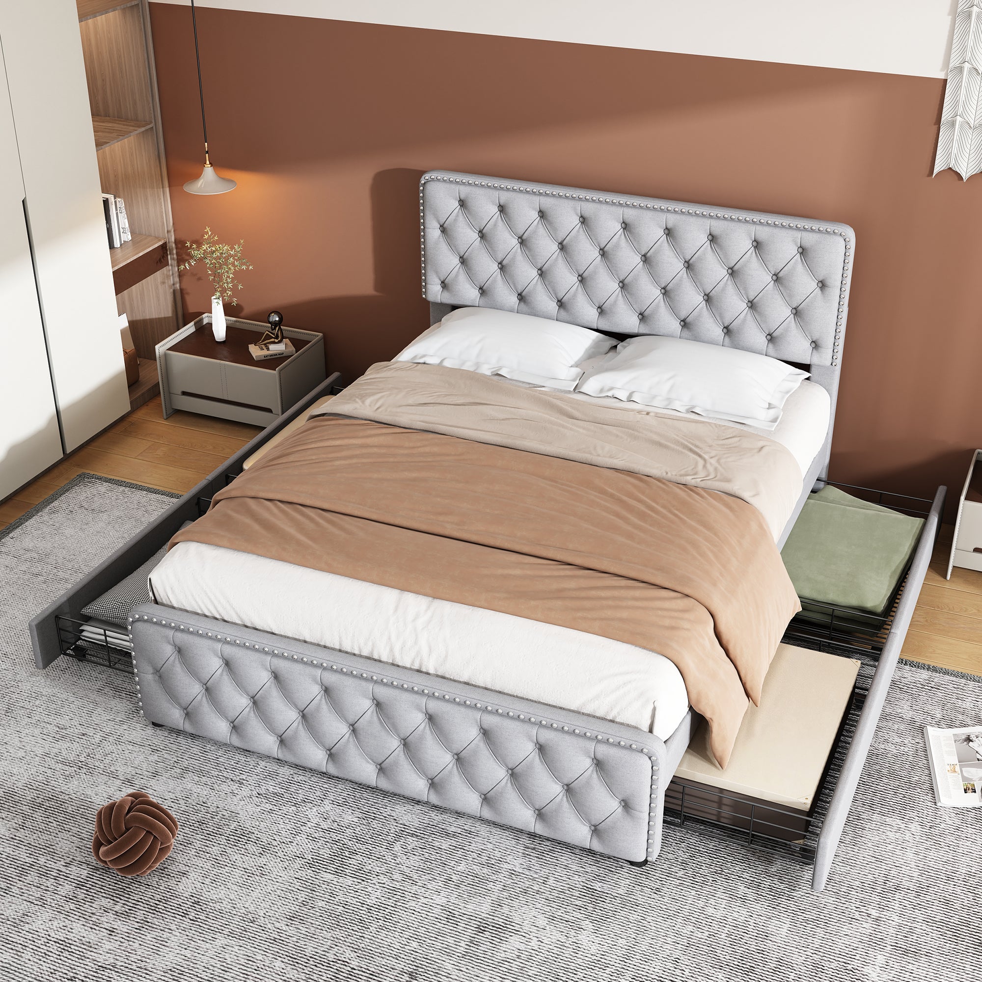 Upholstered Double Bed with 4 Drawers and Height-Adjustable Headboard, 140x190cm, Light Grey Linen
