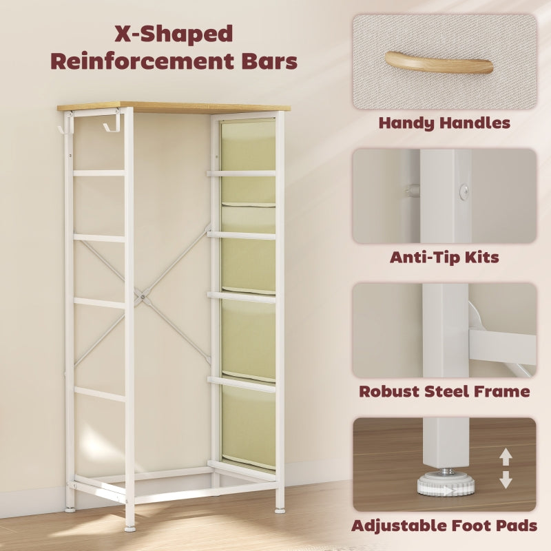 Chest of Drawers, Five Fabric Drawer Storage, Beige