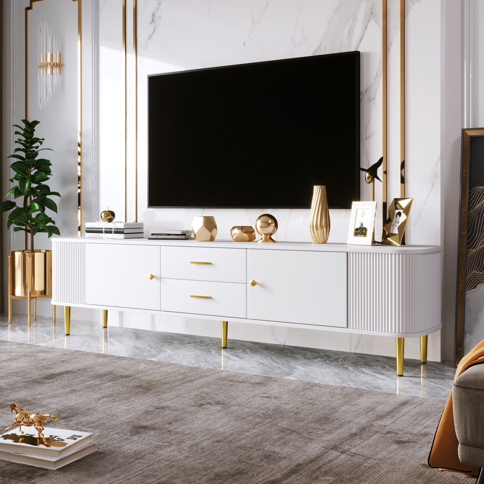 TV Cabinet, Curved Corners Wavy Sides Drawers, Gold Handles and Legs