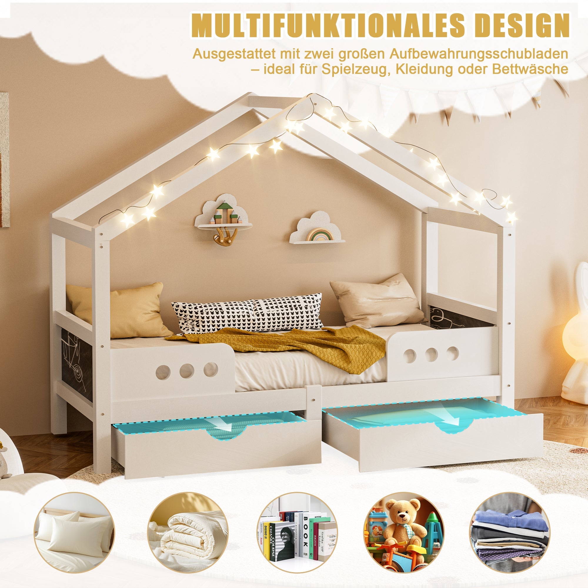Children's Bed, Roof Design with 2 Drawers, UV Varnish Wood+MDF