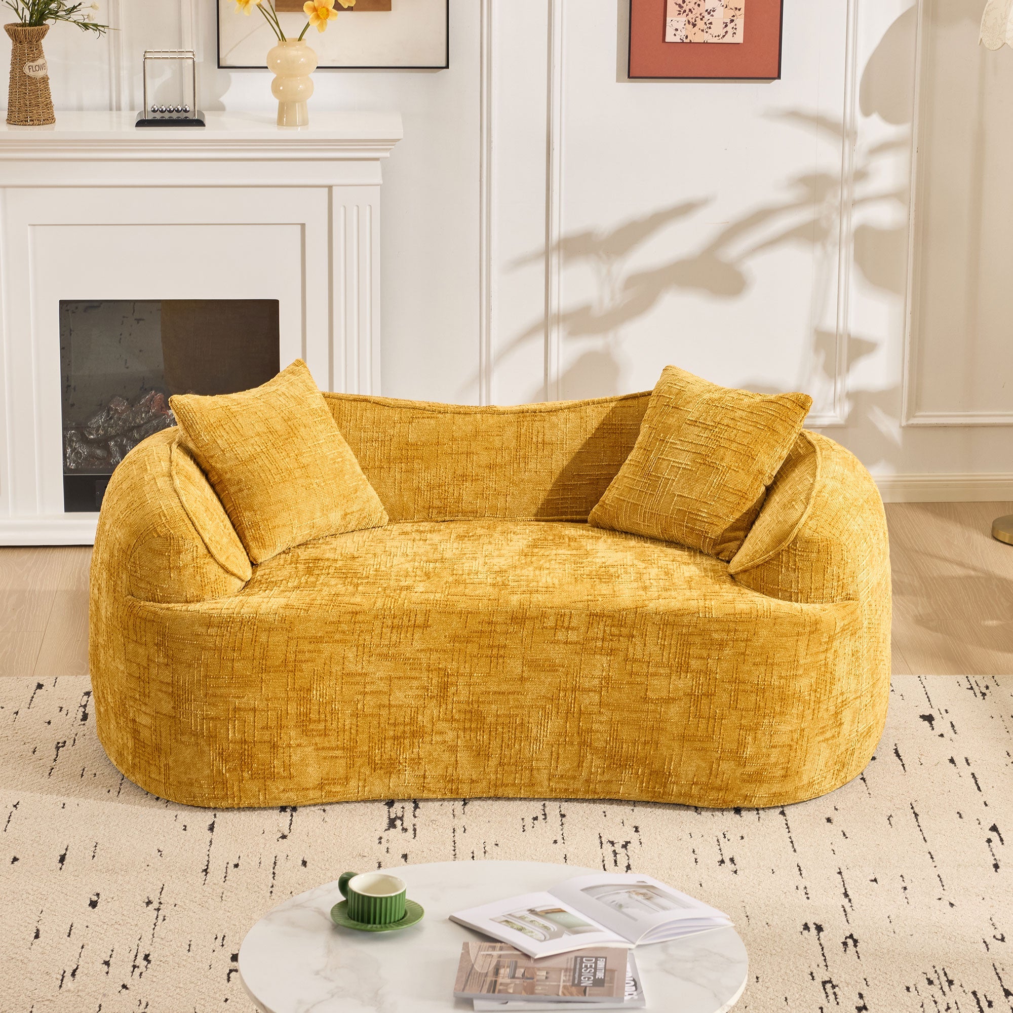 Yellow curved two-seater sofa with armrests and 2 cushions, cream-colored