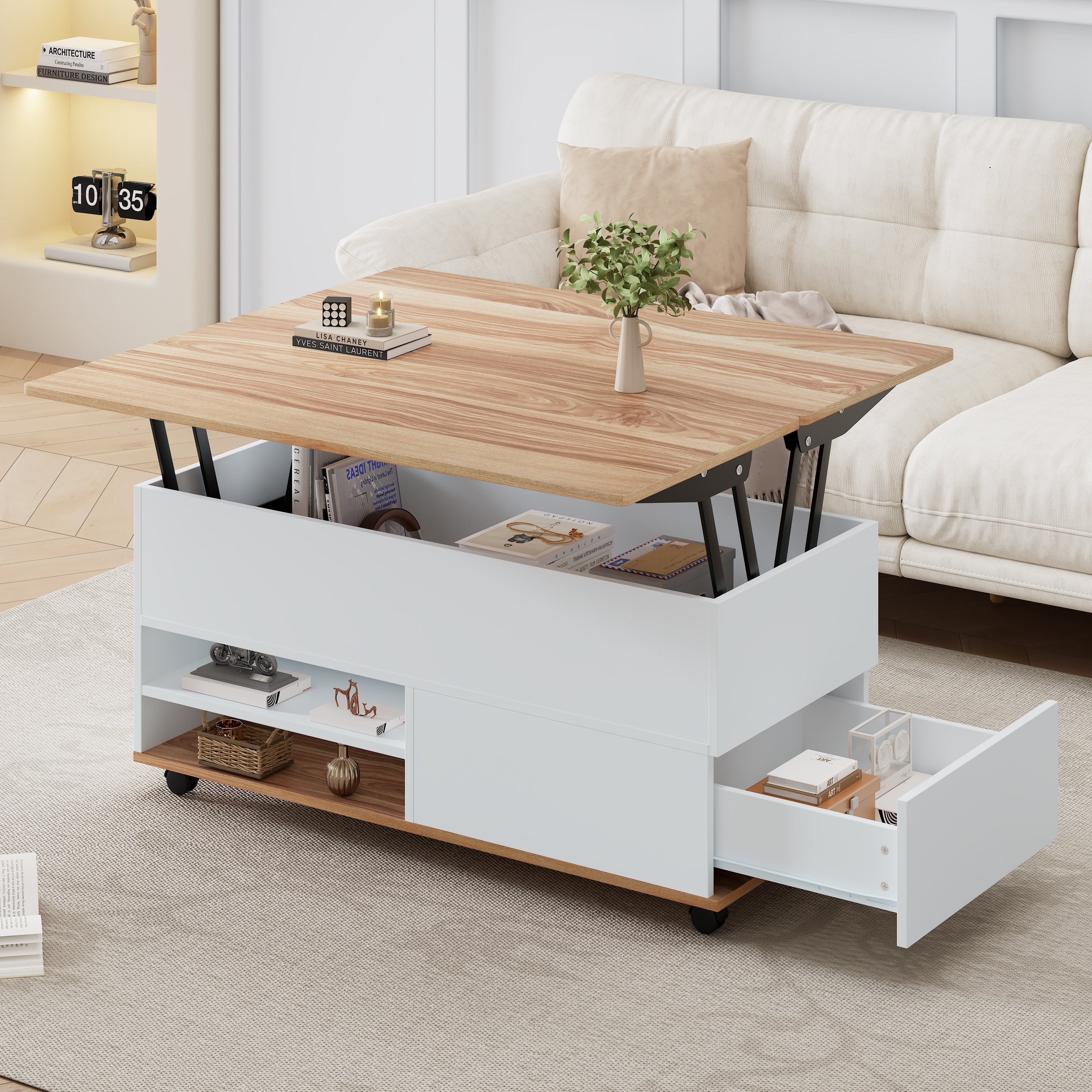 Coffee Table, Height-Adjustable with Hidden Storage and Wheels, White + Natural Wood