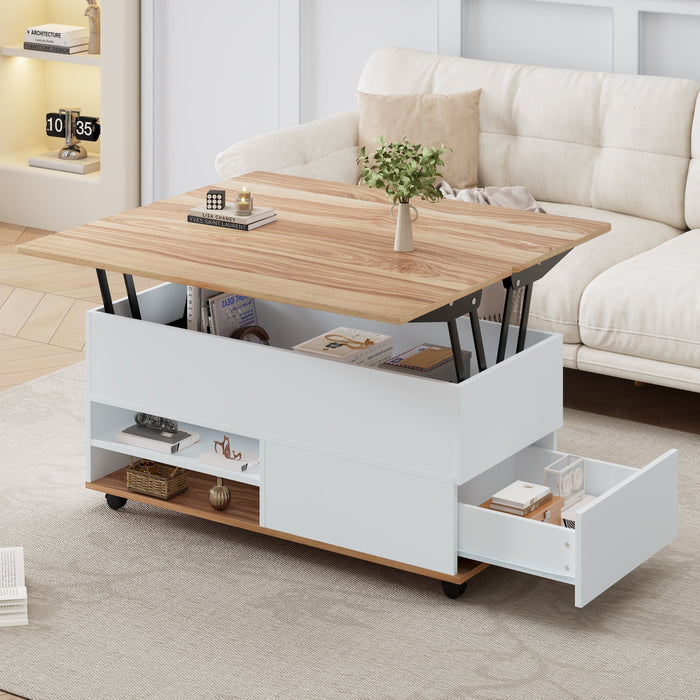 Coffee Table, Height-Adjustable with Hidden Storage and Wheels, White + Natural Wood