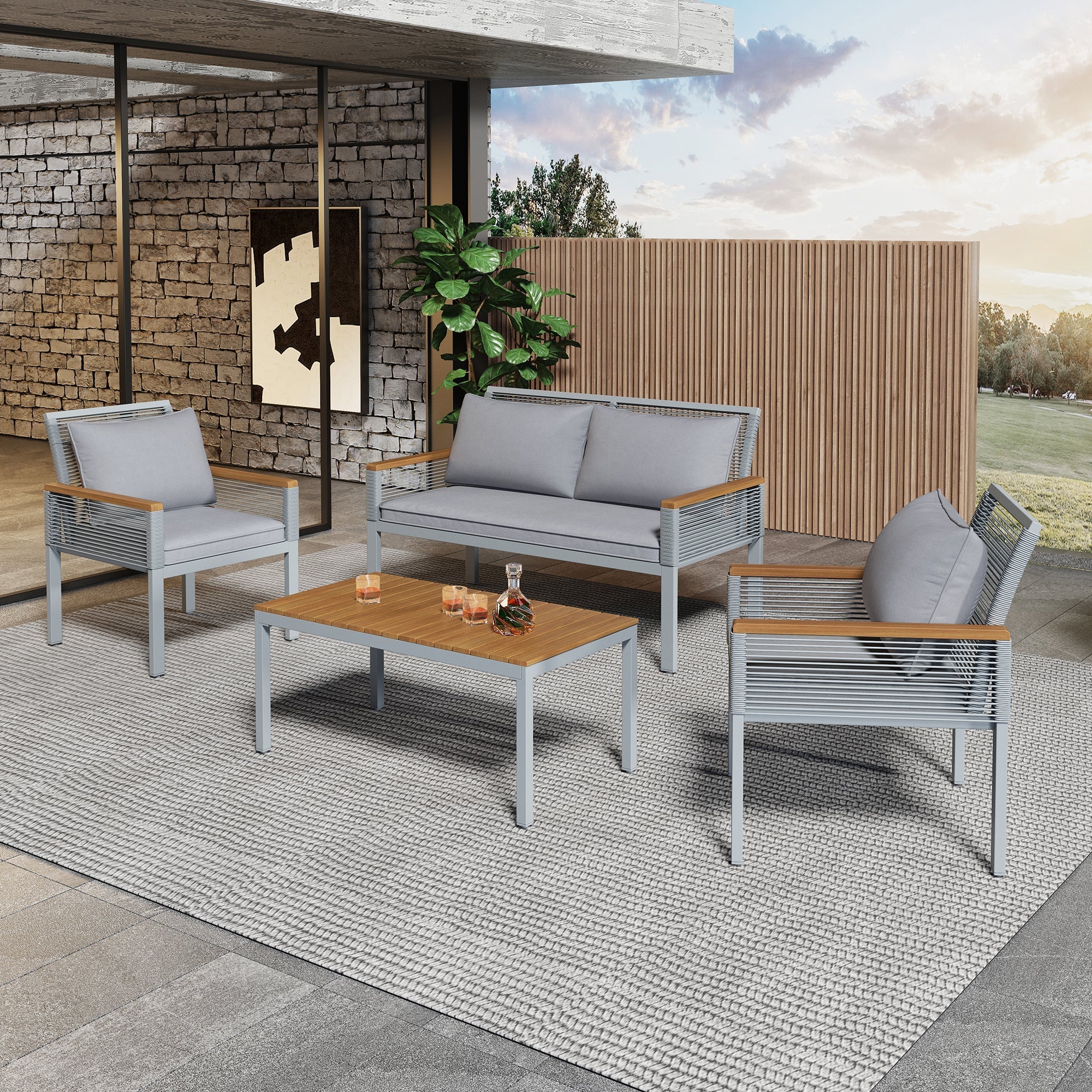 Garden Lounge Set with Comfortable Cushions, Double Sofa, 2 Armchairs and Table, Rattan, Grey