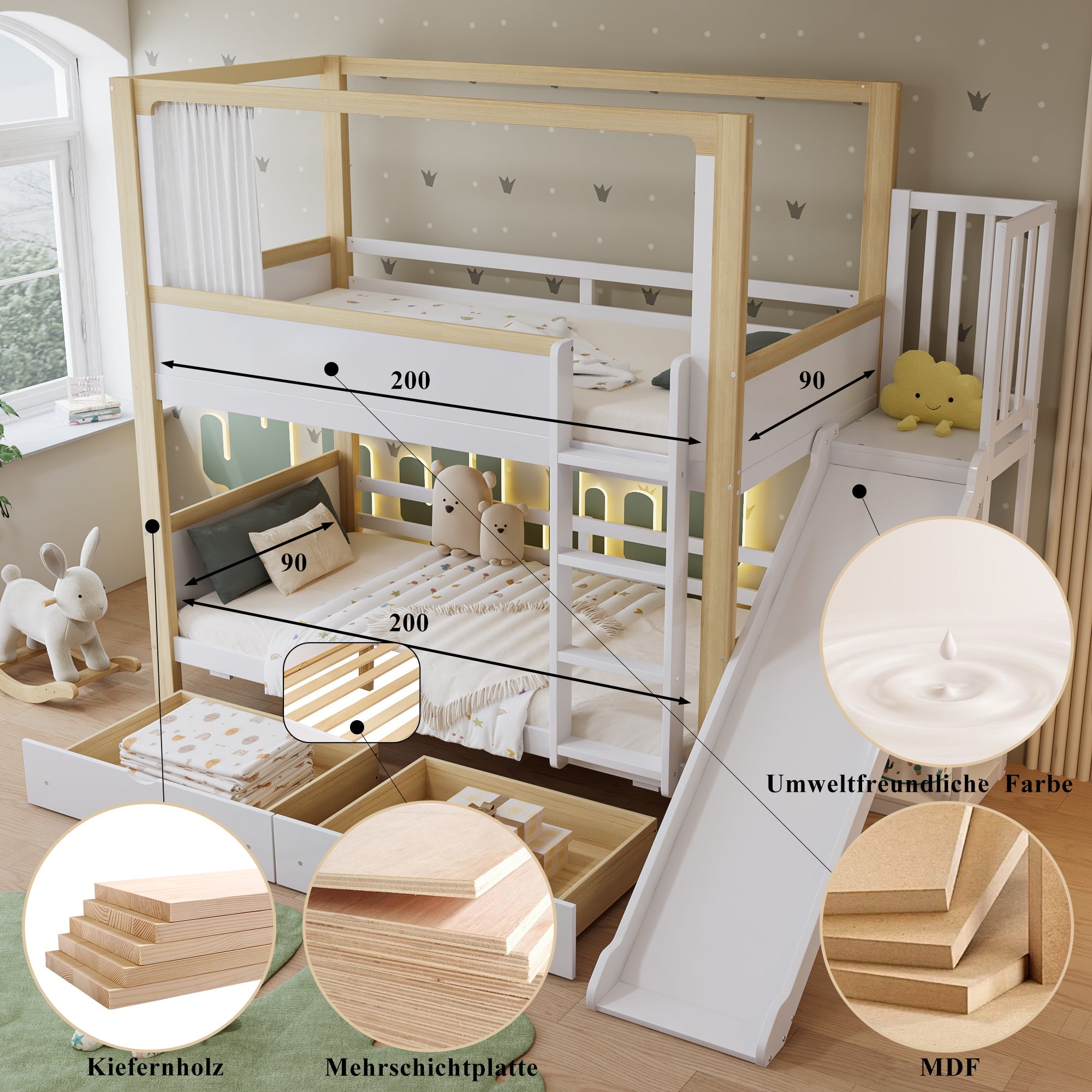 Bunk Bed, Children's with Drawers, Slide & Fabric Curtain, Pine, MDF, Plywood, White & Natural, 90x200cm