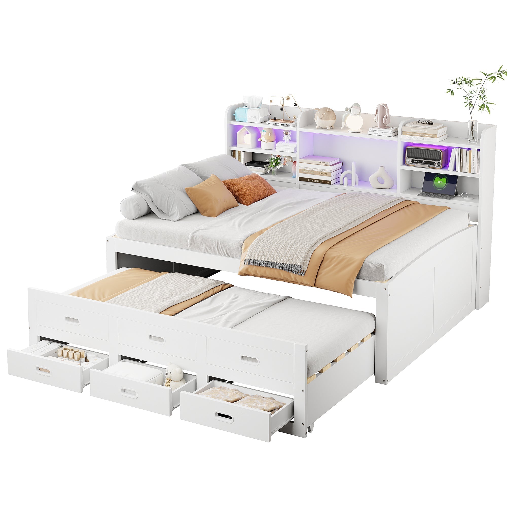 Daybed Sofa Bed 140x200cm Multifunctional Extendable with LED Lights 3 Drawers USB/Type-C White