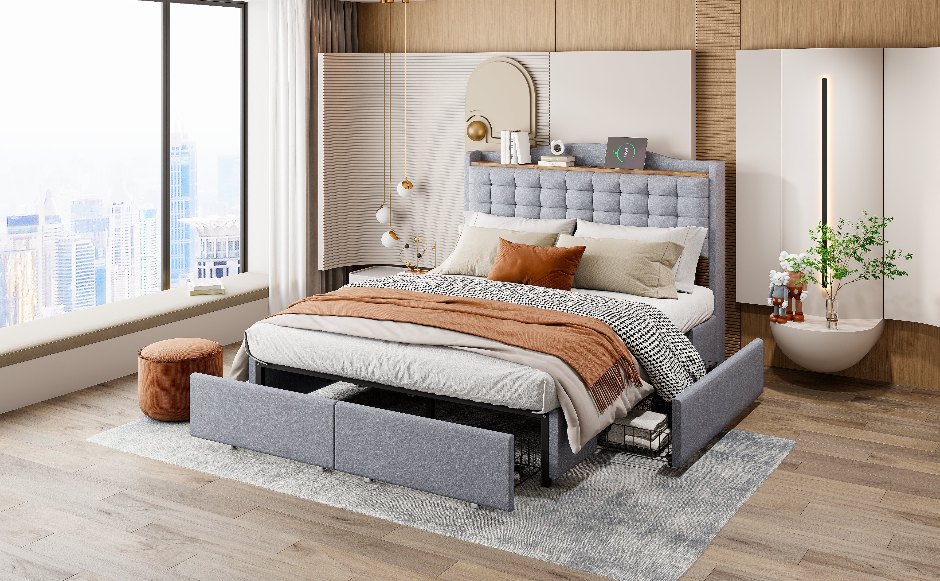 Upholstered Bed 140x200cm with USB & Storage, 4-Drawer, Linen Fabric Gray