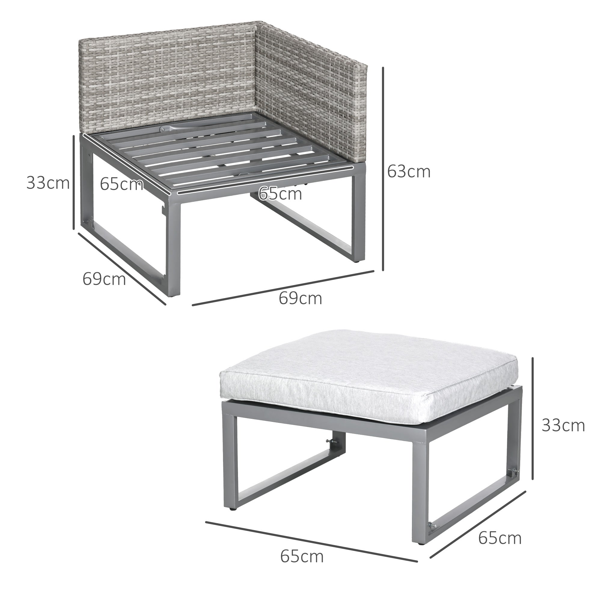 3-in-1 Rattan Bistro Set, Wicker Garden Furniture with 2-level Rising Table & Adjustable Sofa Lounger, Grey