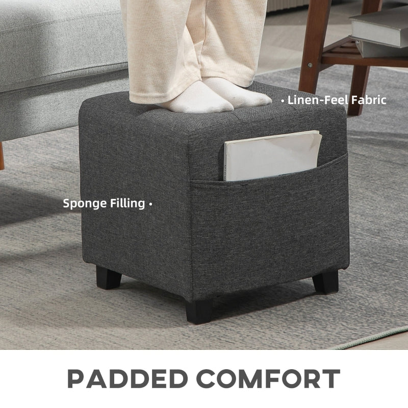Square Footstool Small Ottoman with Side Pocket, Padded Seat, 35x35x35cm, Linen Fabric Grey