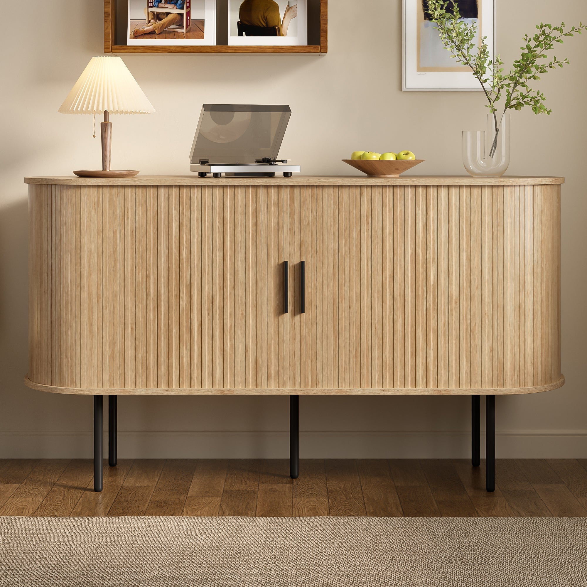 MDF Sideboard, Roller Blind Doors, Aluminum Handles, Iron Legs